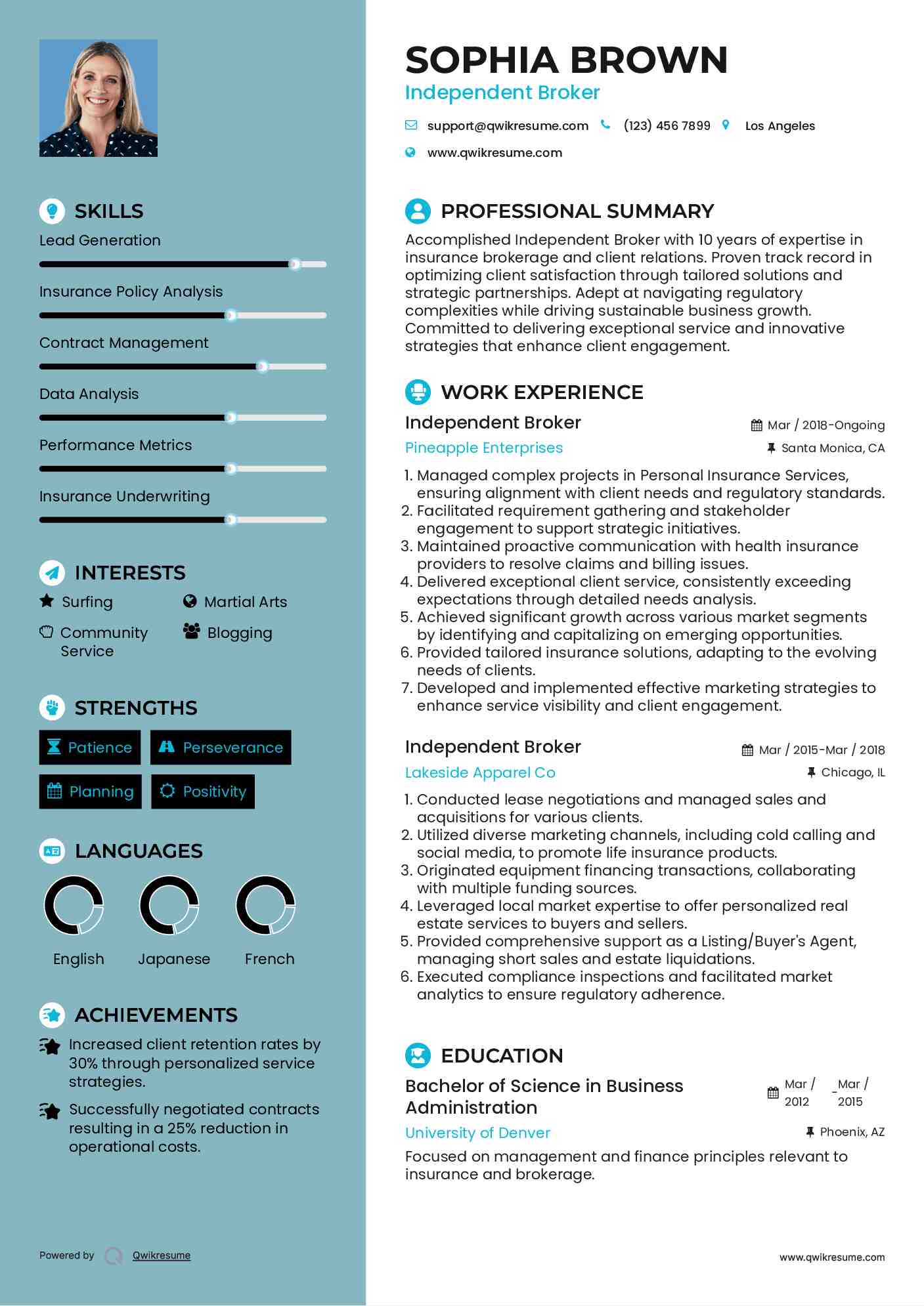 Independent Broker Resume Sample