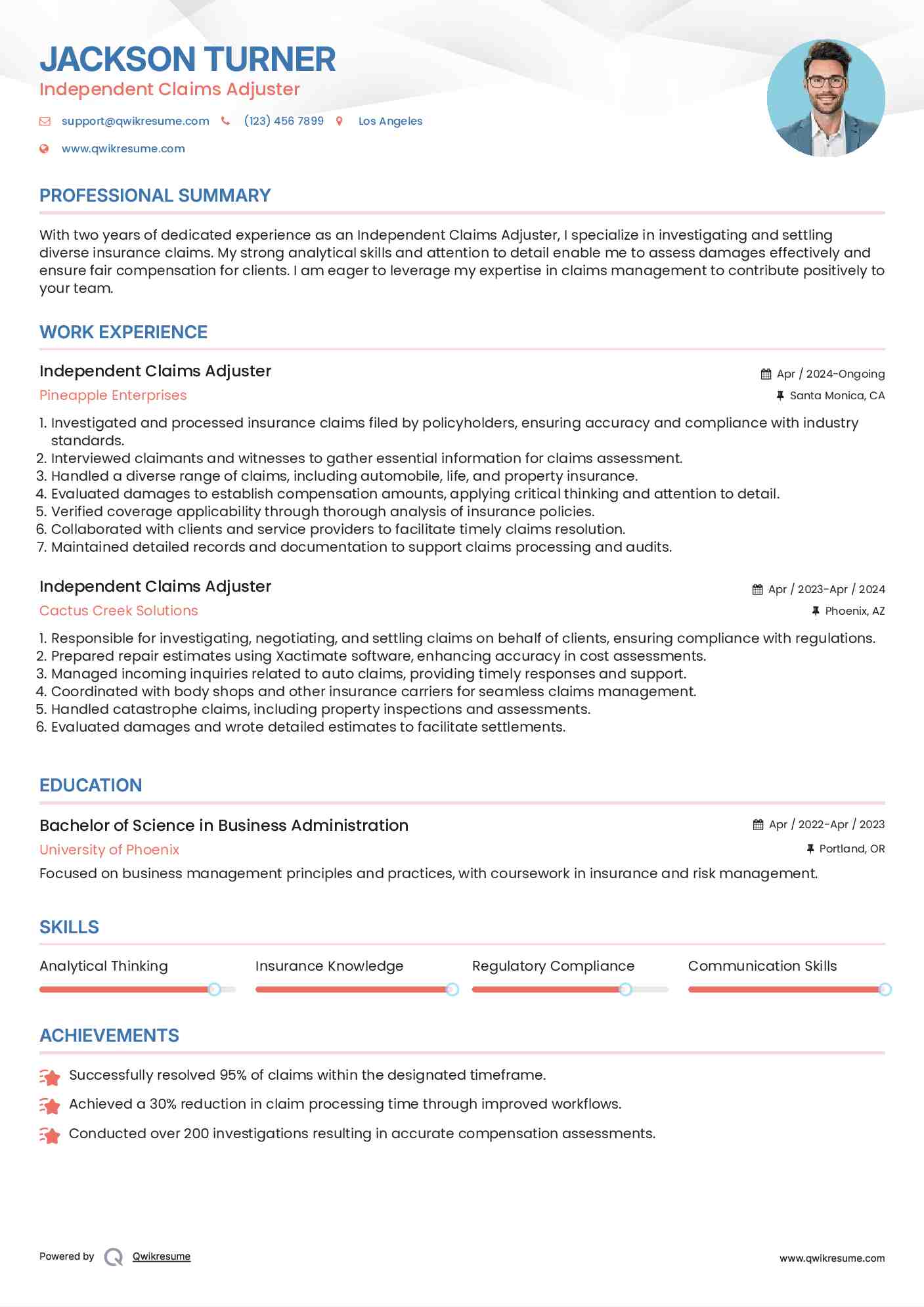 Independent Claims Adjuster Resume Template