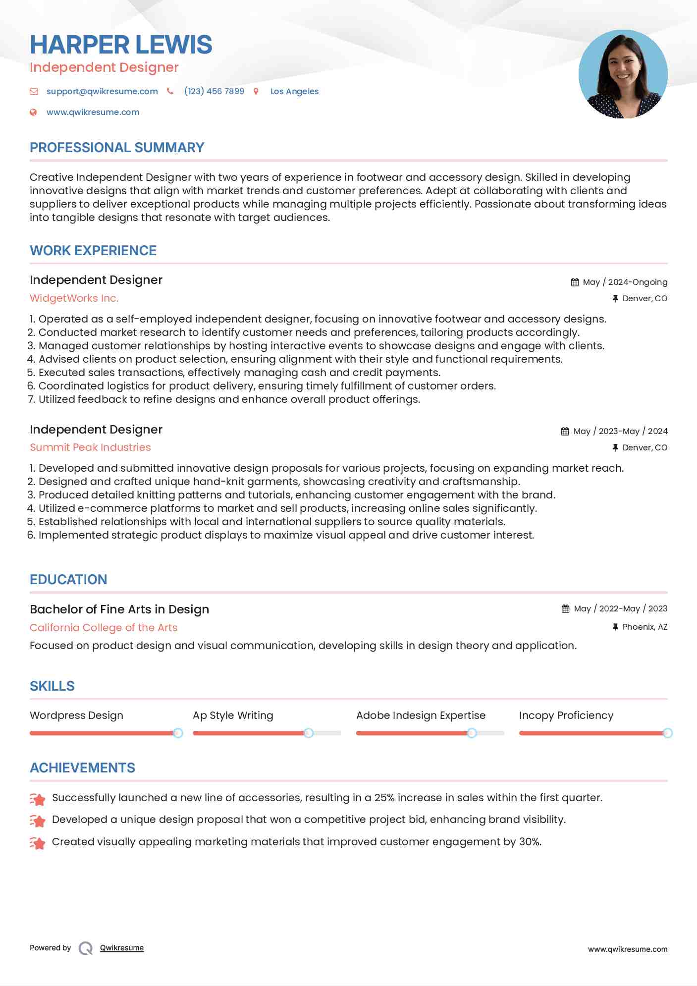 Independent Designer Resume Model
