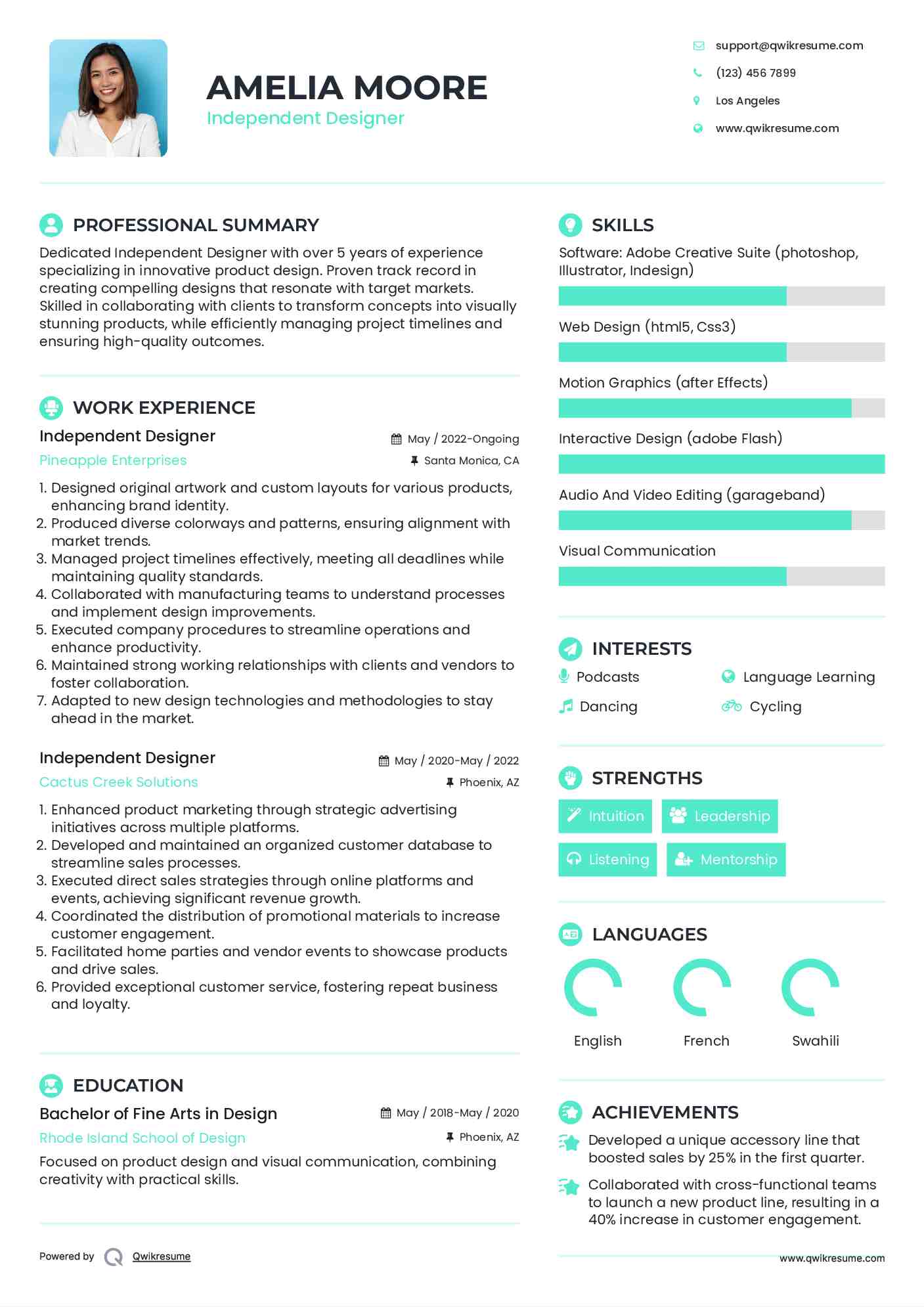 Independent Designer Resume Sample