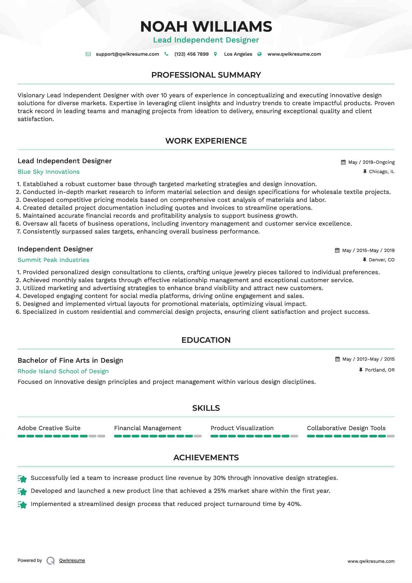Lead Independent Designer Resume Sample