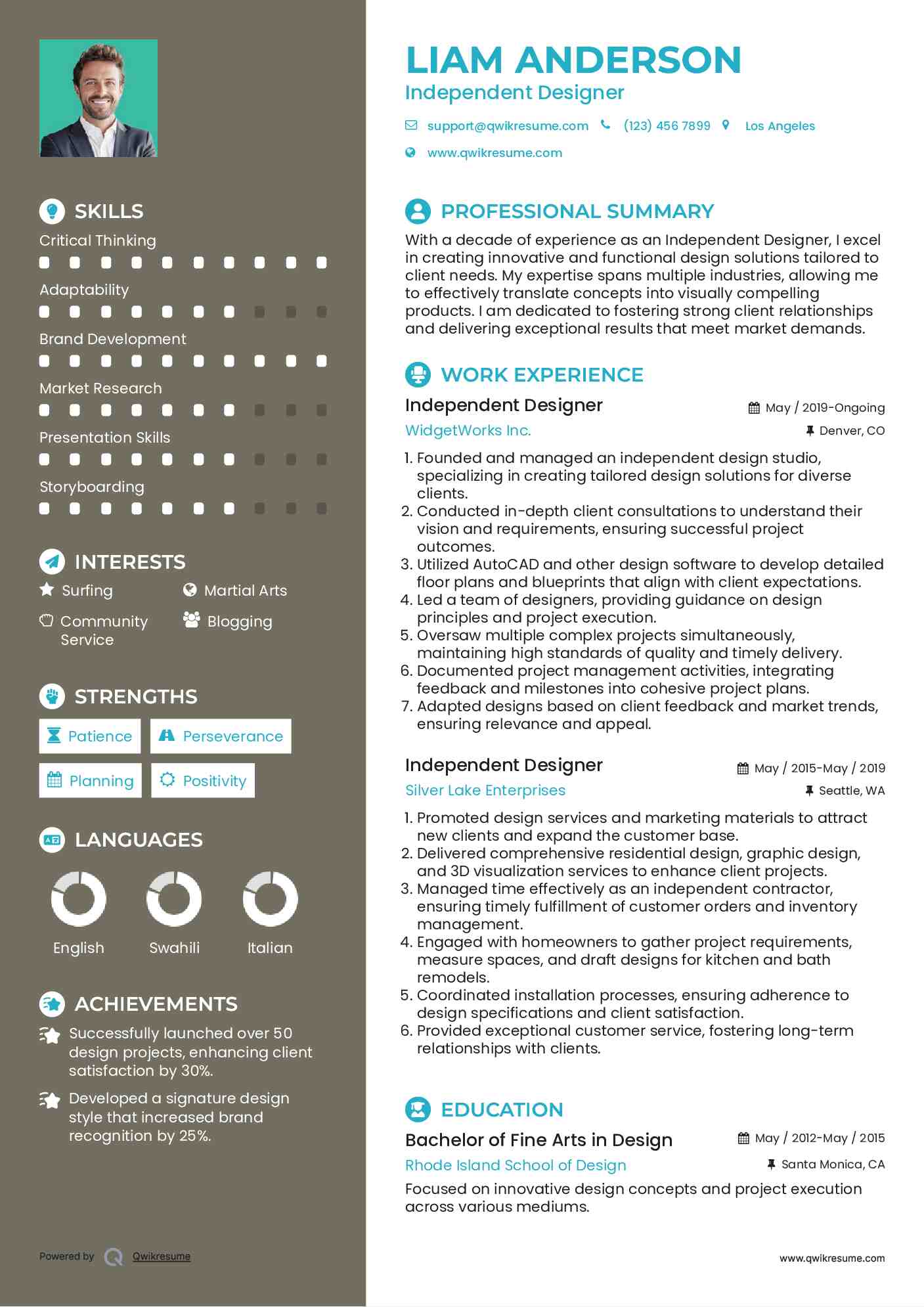 Independent Designer Resume Sample