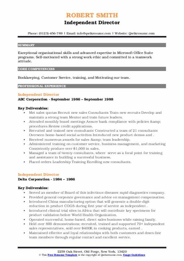 Independent Director Resume Samples | QwikResume