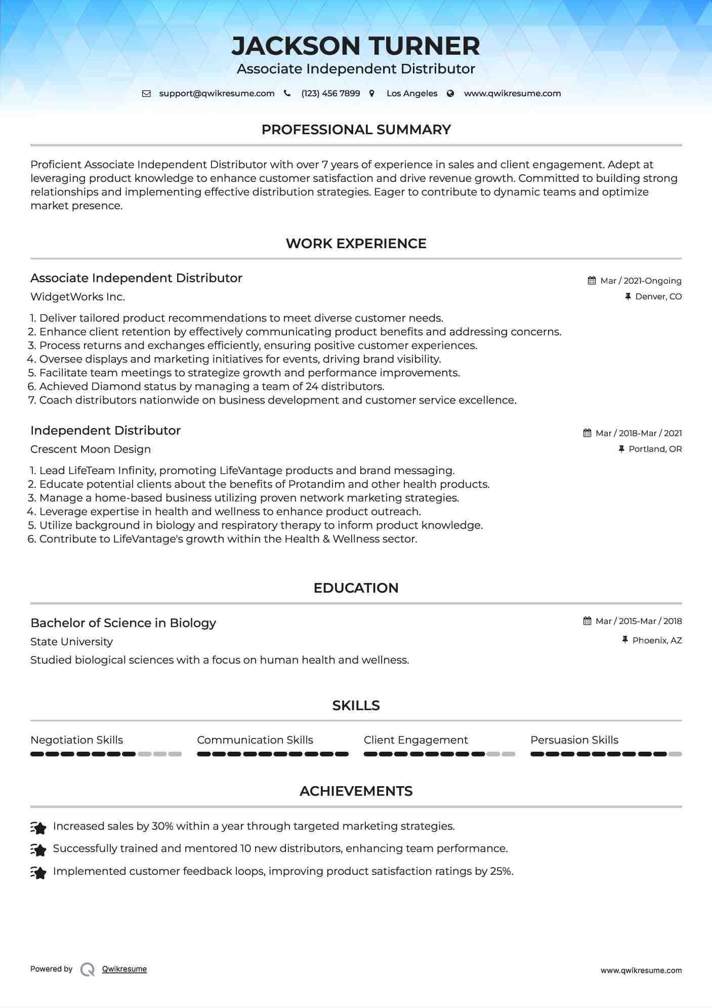 Associate Independent Distributor Resume Example