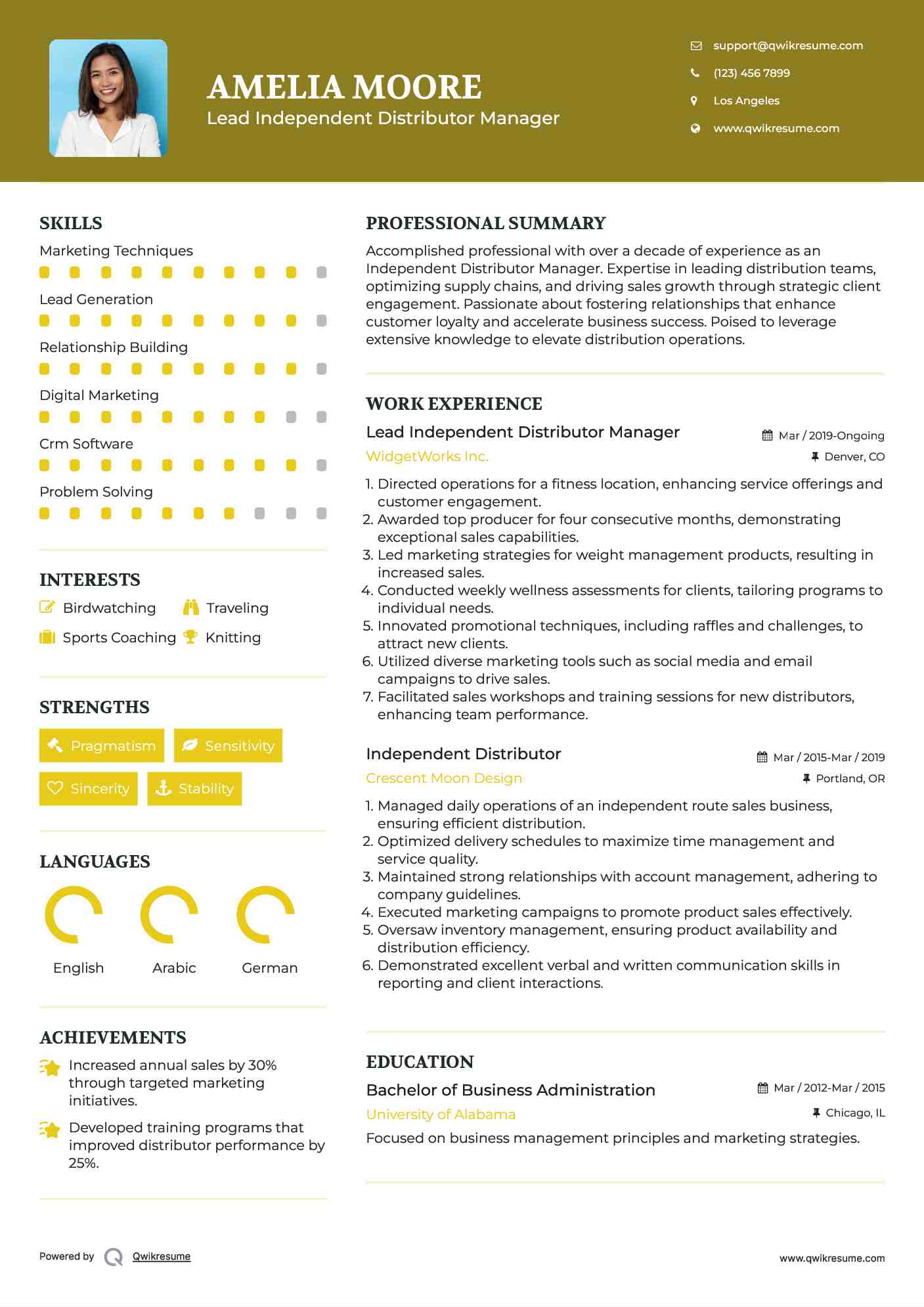 Lead Independent Distributor Manager Resume Sample