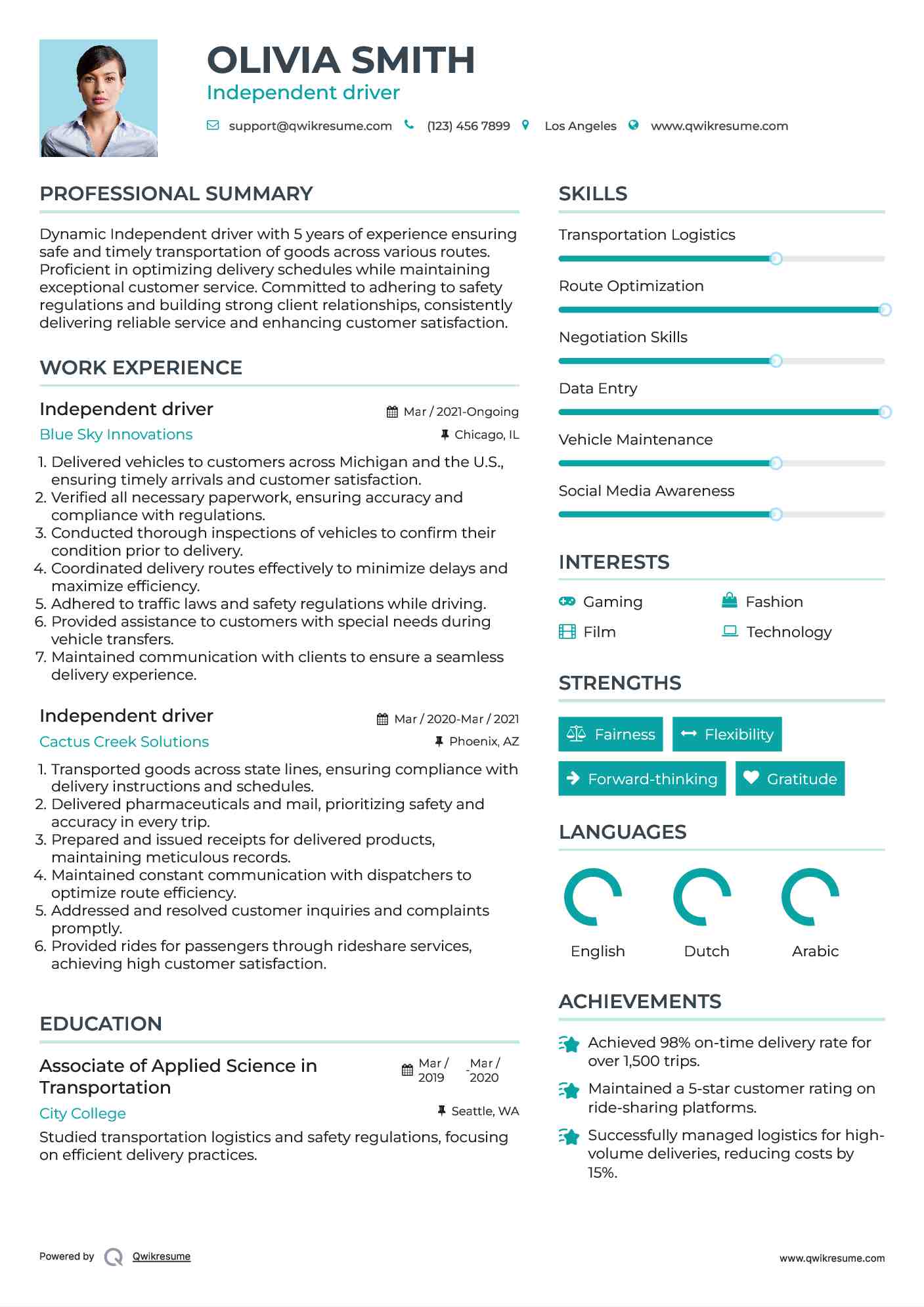 Independent driver Resume Sample