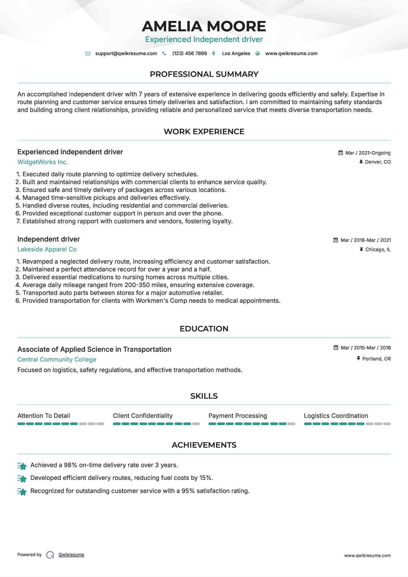 Experienced Independent driver Resume Sample