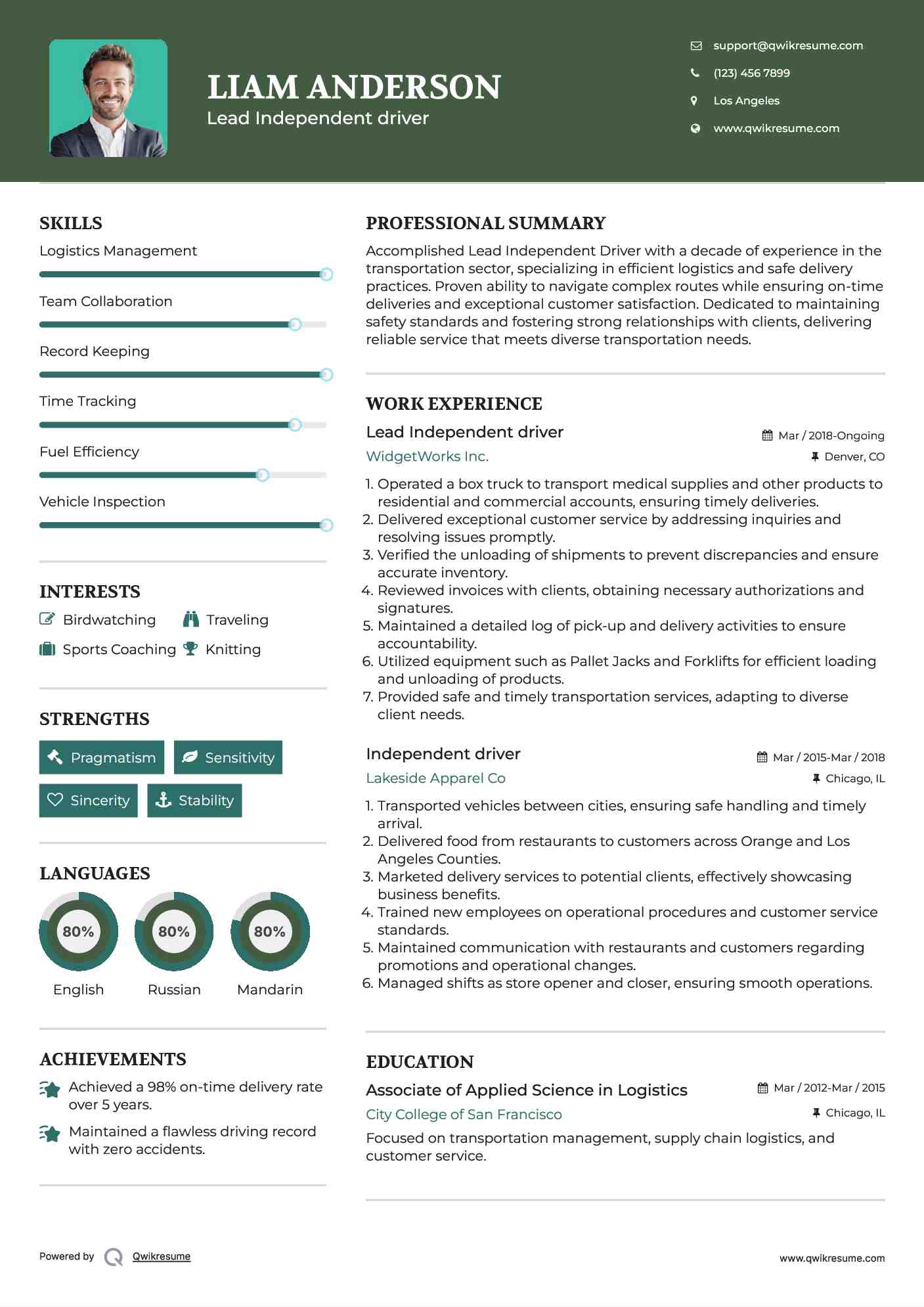 Lead Independent driver Resume Template