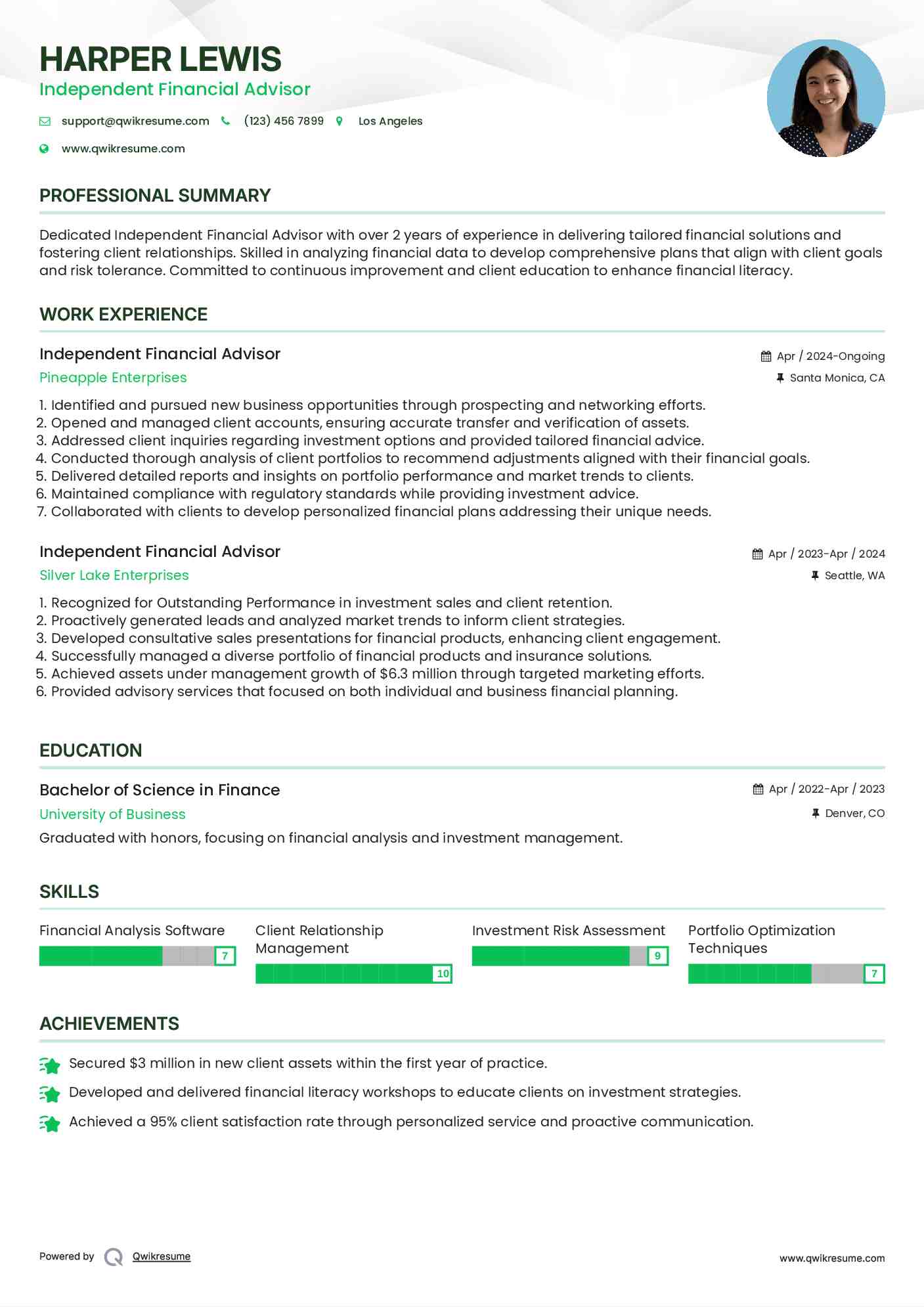 Independent Financial Advisor Resume Example