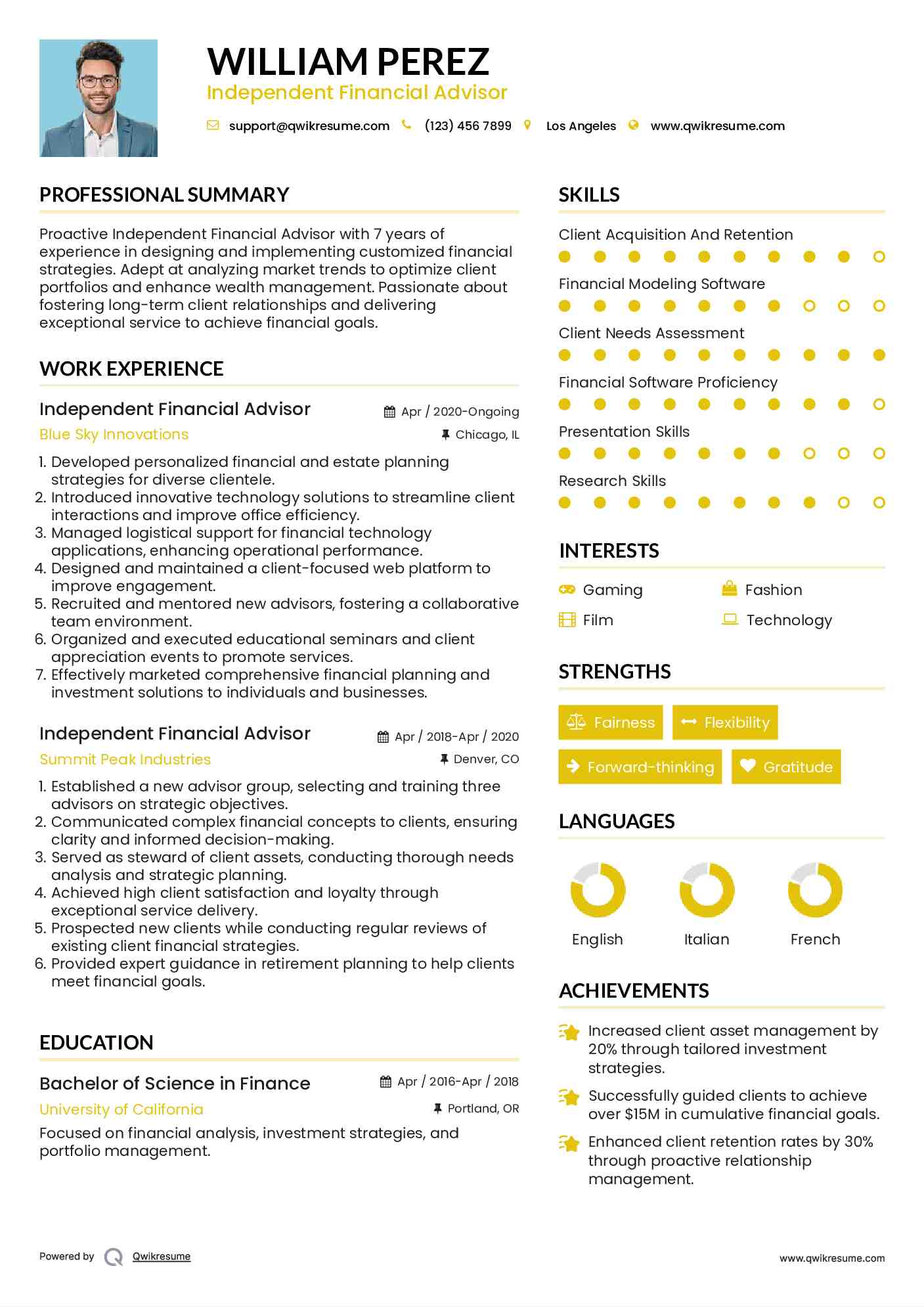 Independent Financial Advisor Resume Example
