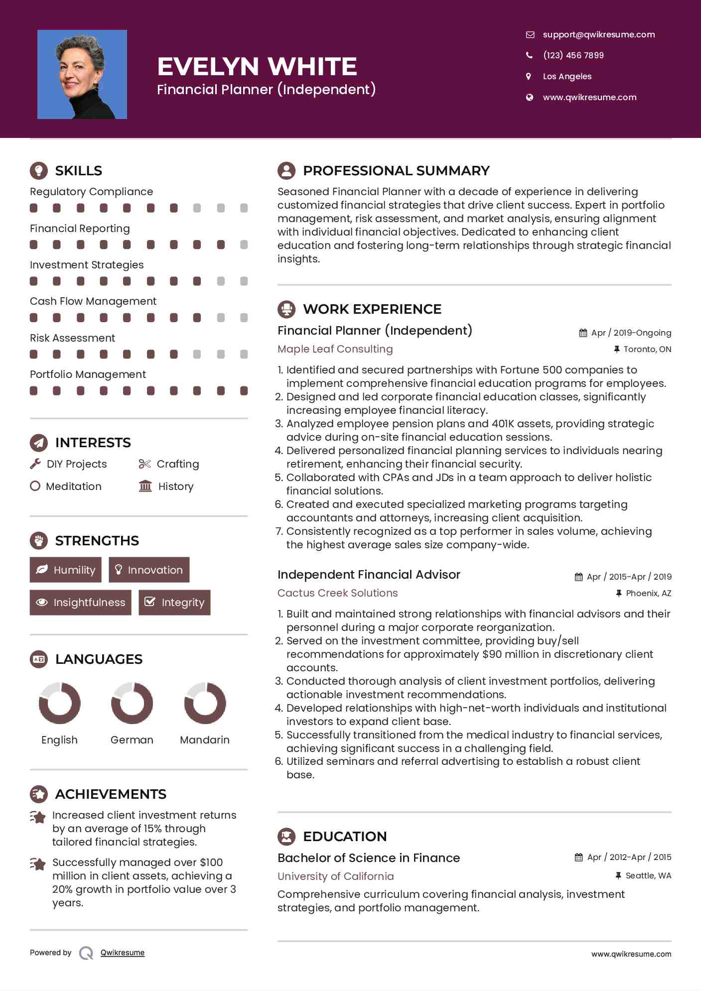 Financial Planner (Independent) Resume Example