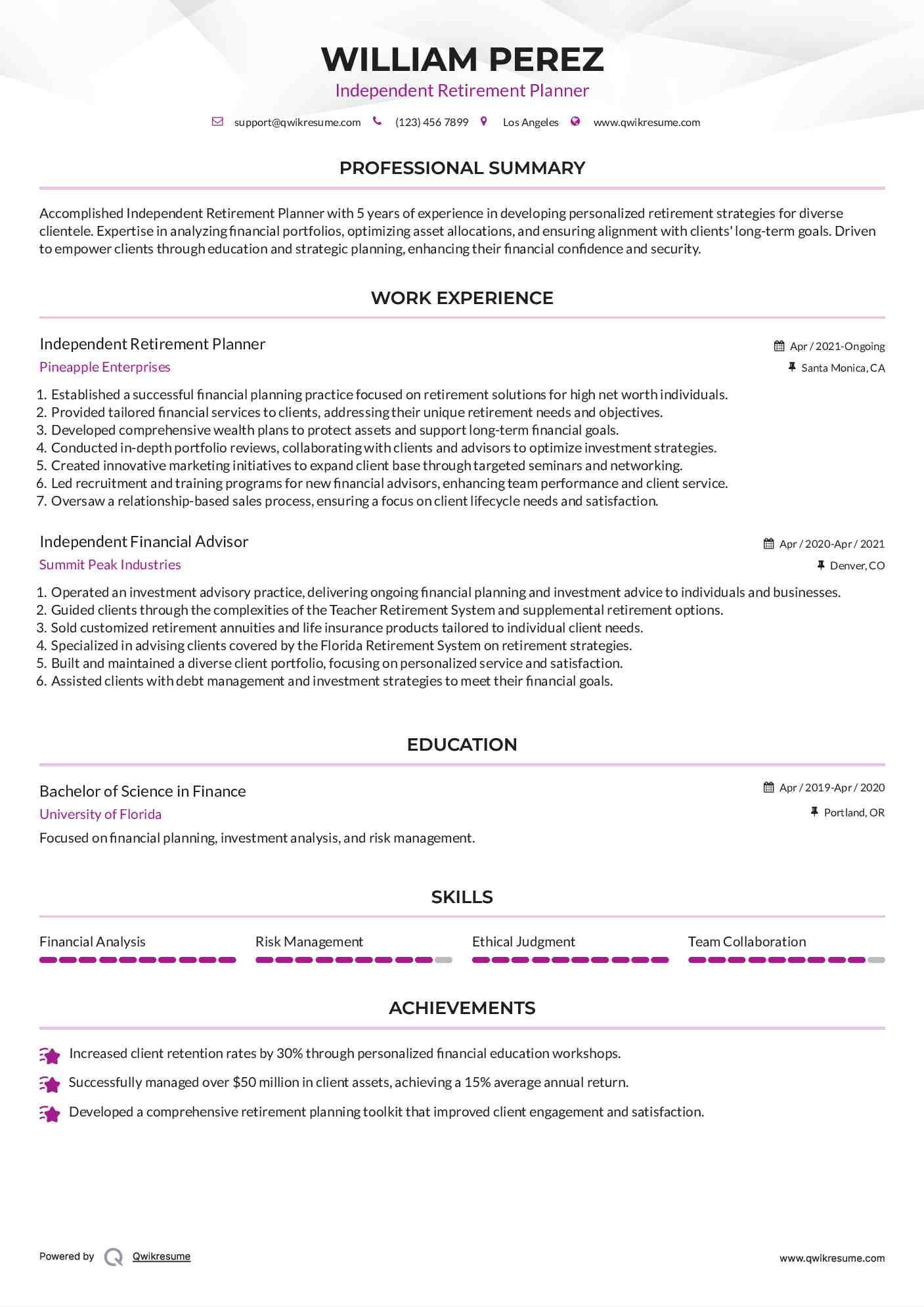 Independent Retirement Planner Resume Example