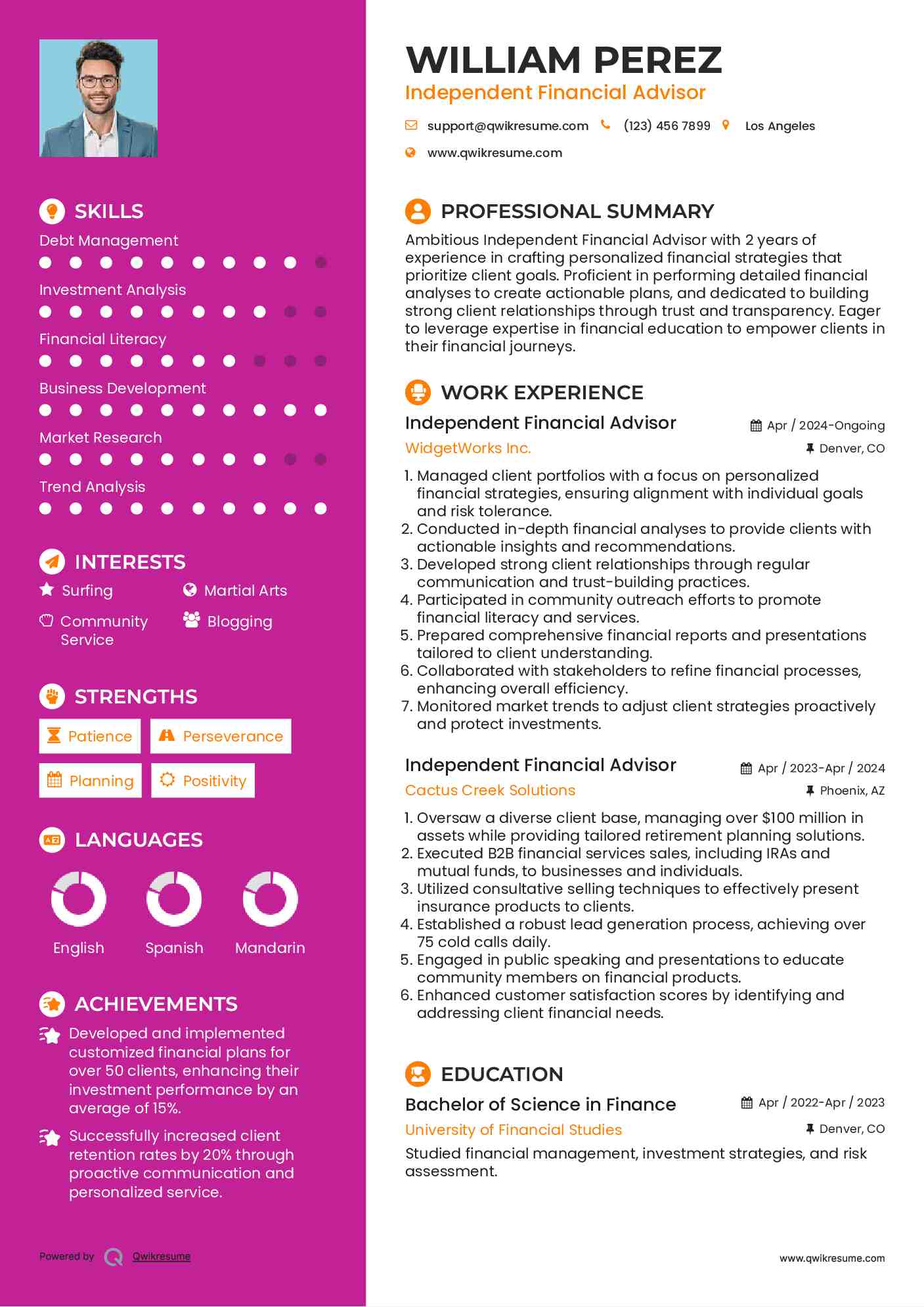 Independent Financial Advisor Resume Example