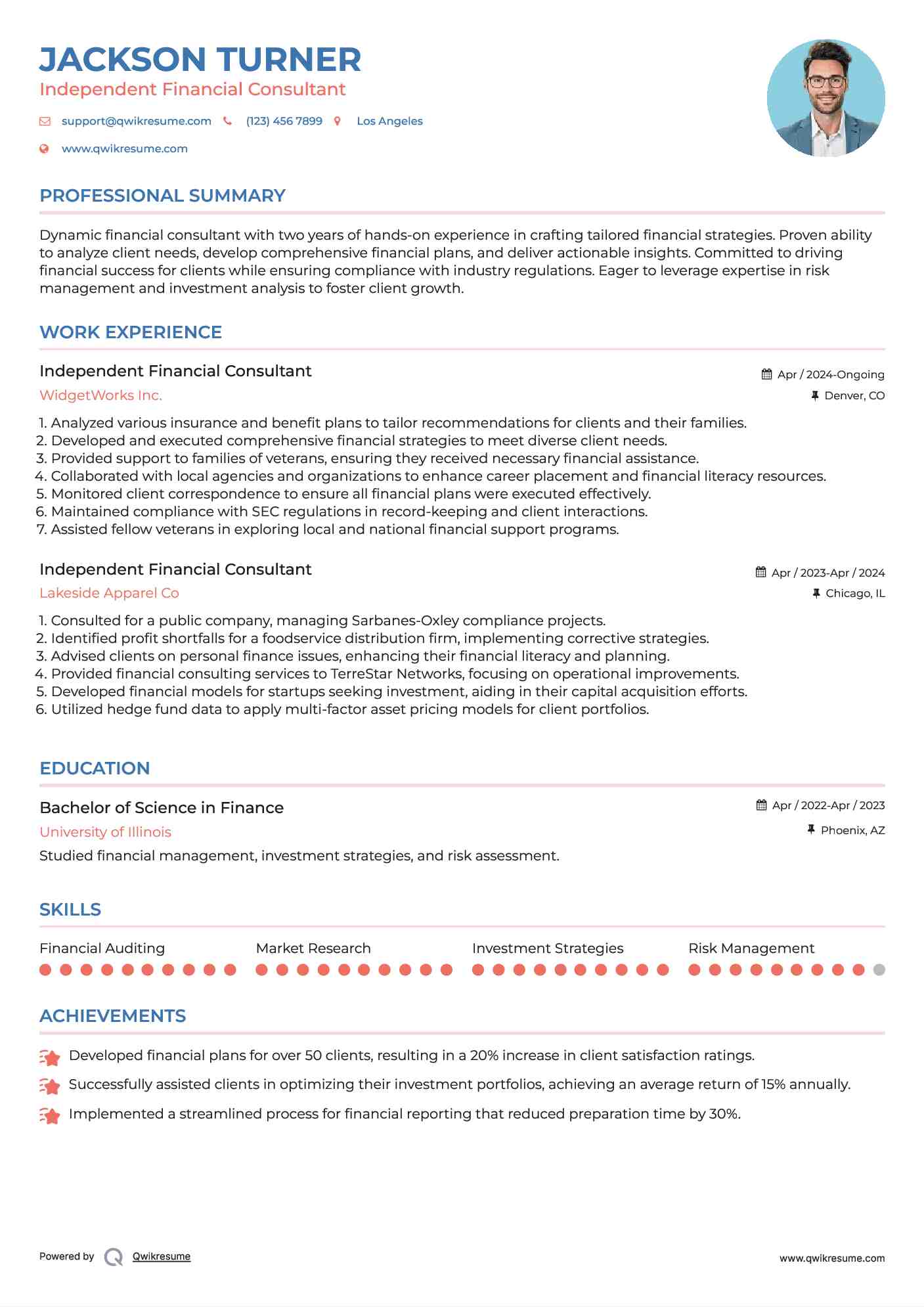 Independent Financial Consultant Resume Example