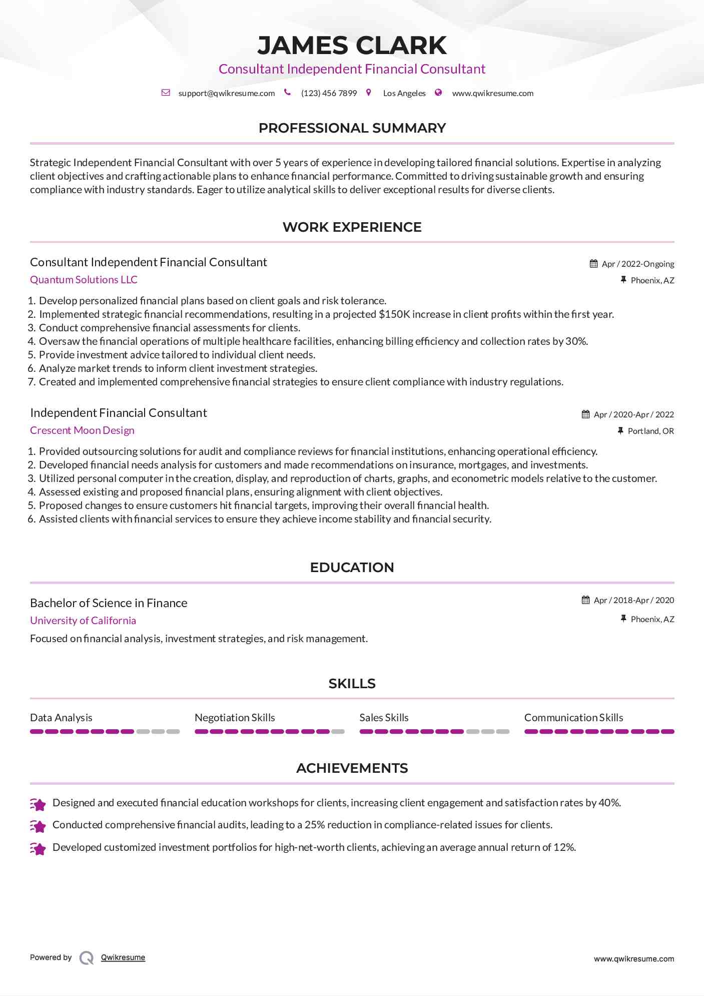 Consultant Independent Financial Consultant Resume Model