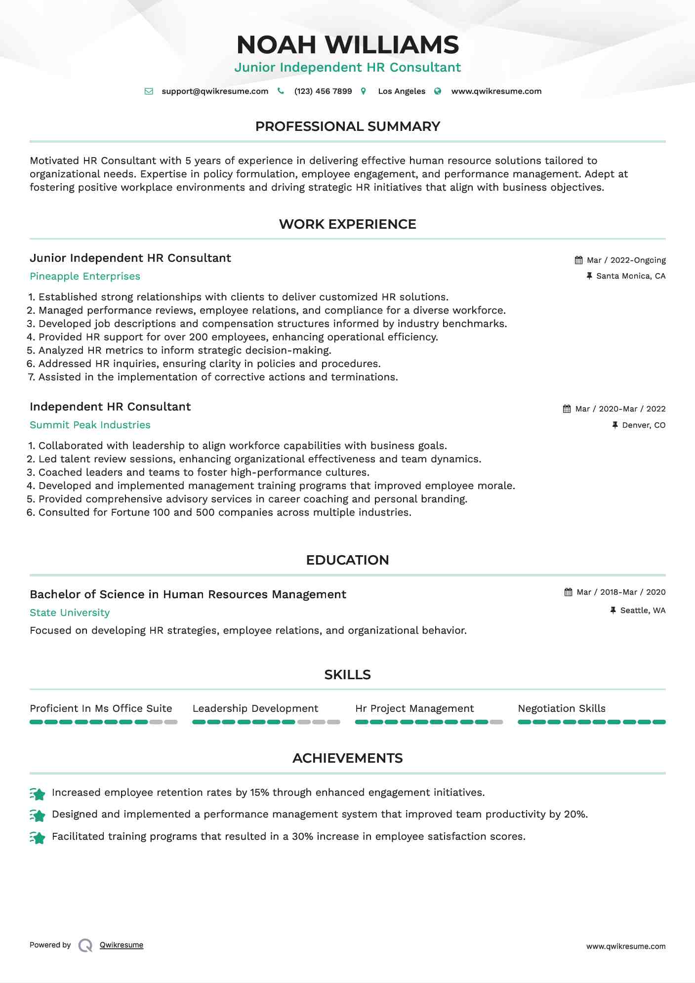 Junior Independent HR Consultant Resume Example