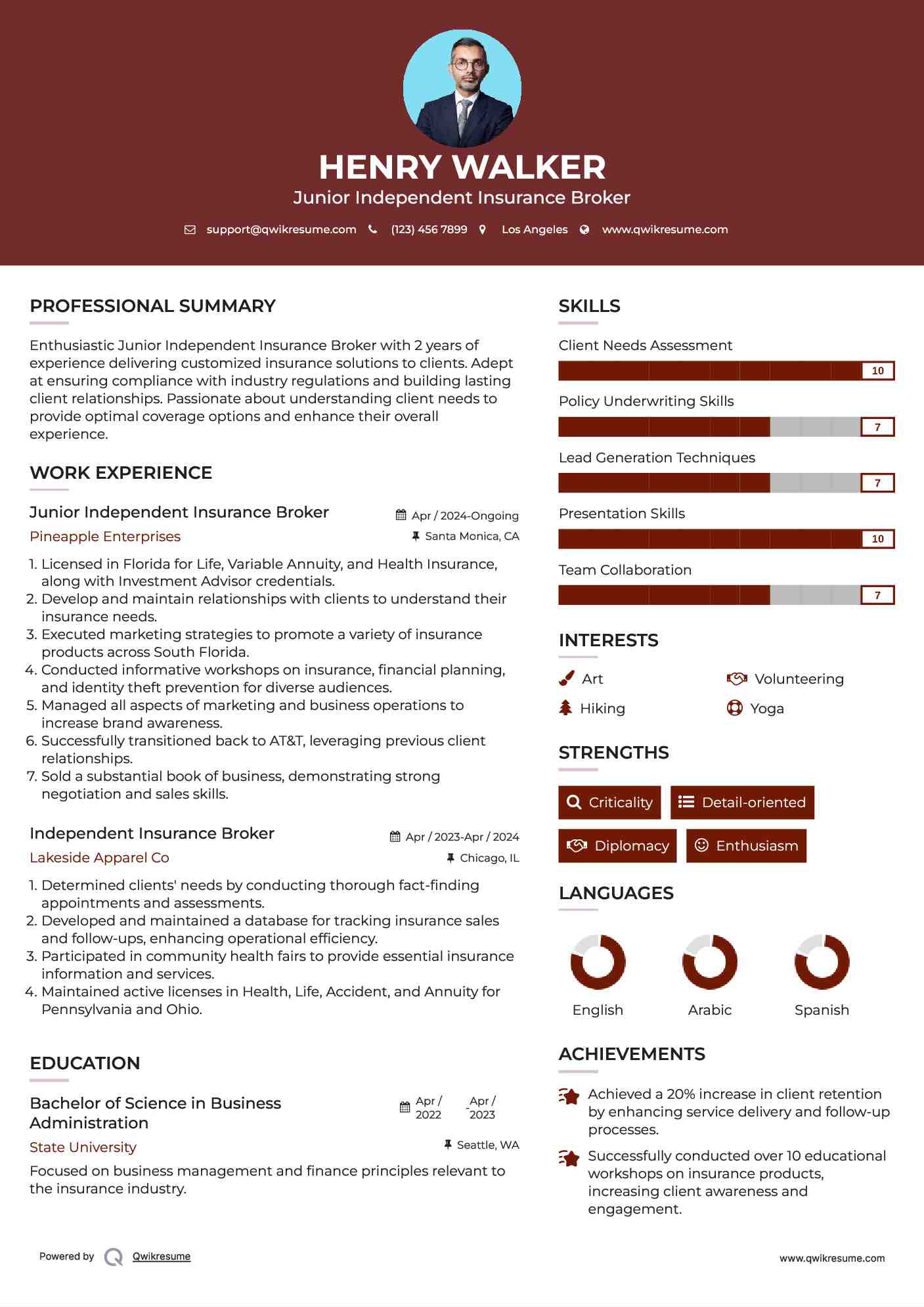 Junior Independent Insurance Broker Resume Template