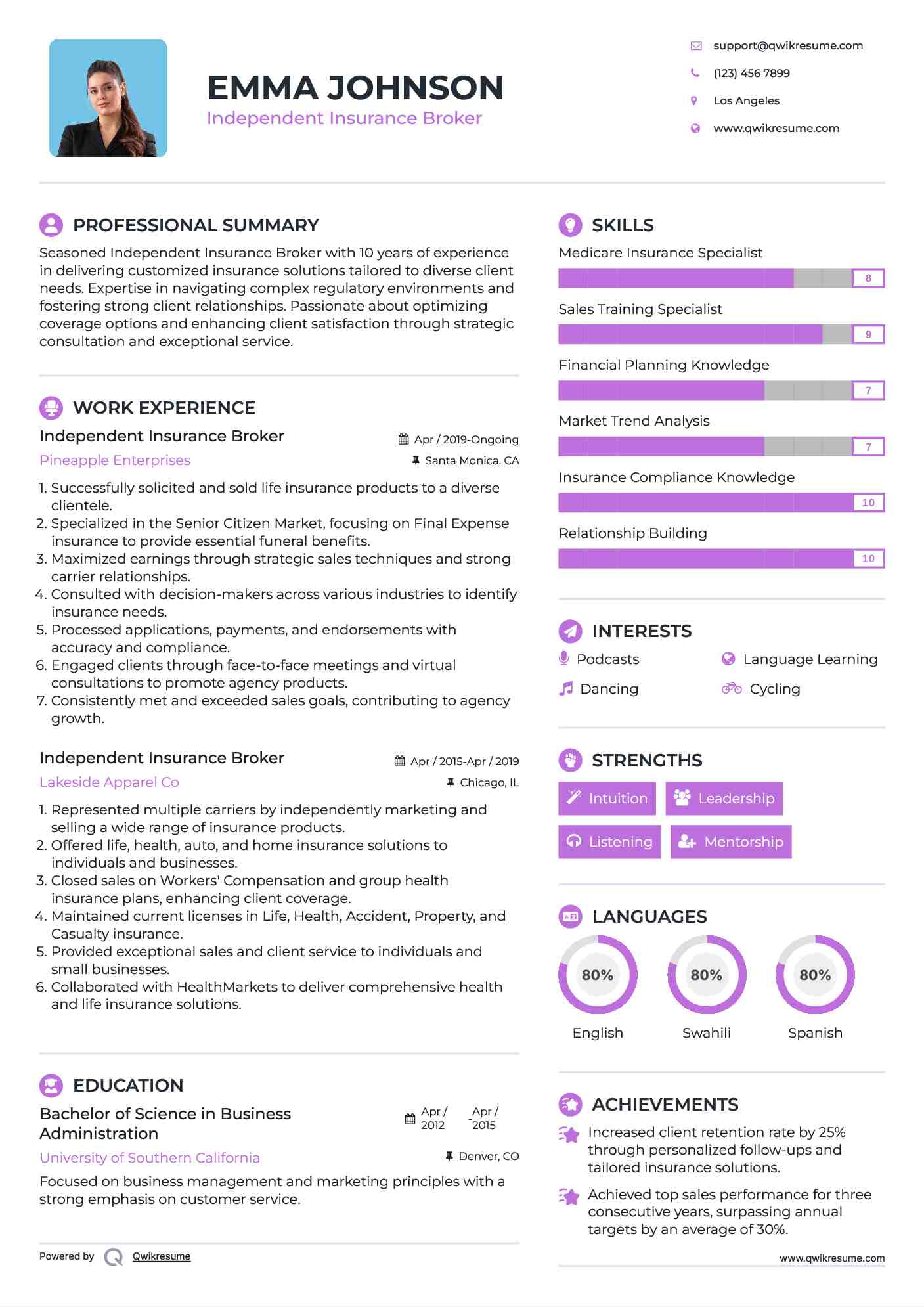 Independent Insurance Broker Resume Example
