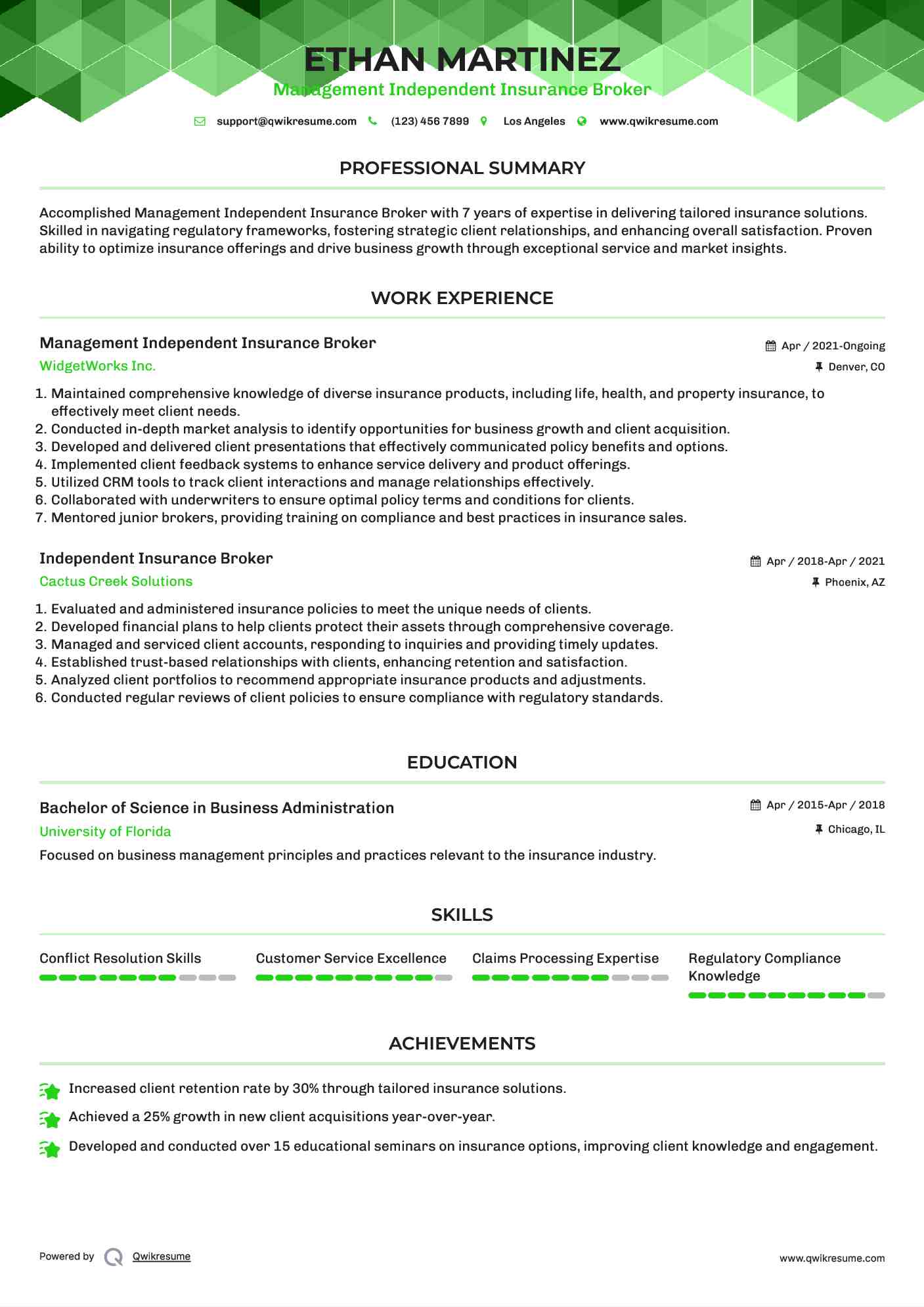 Management Independent Insurance Broker Resume Model