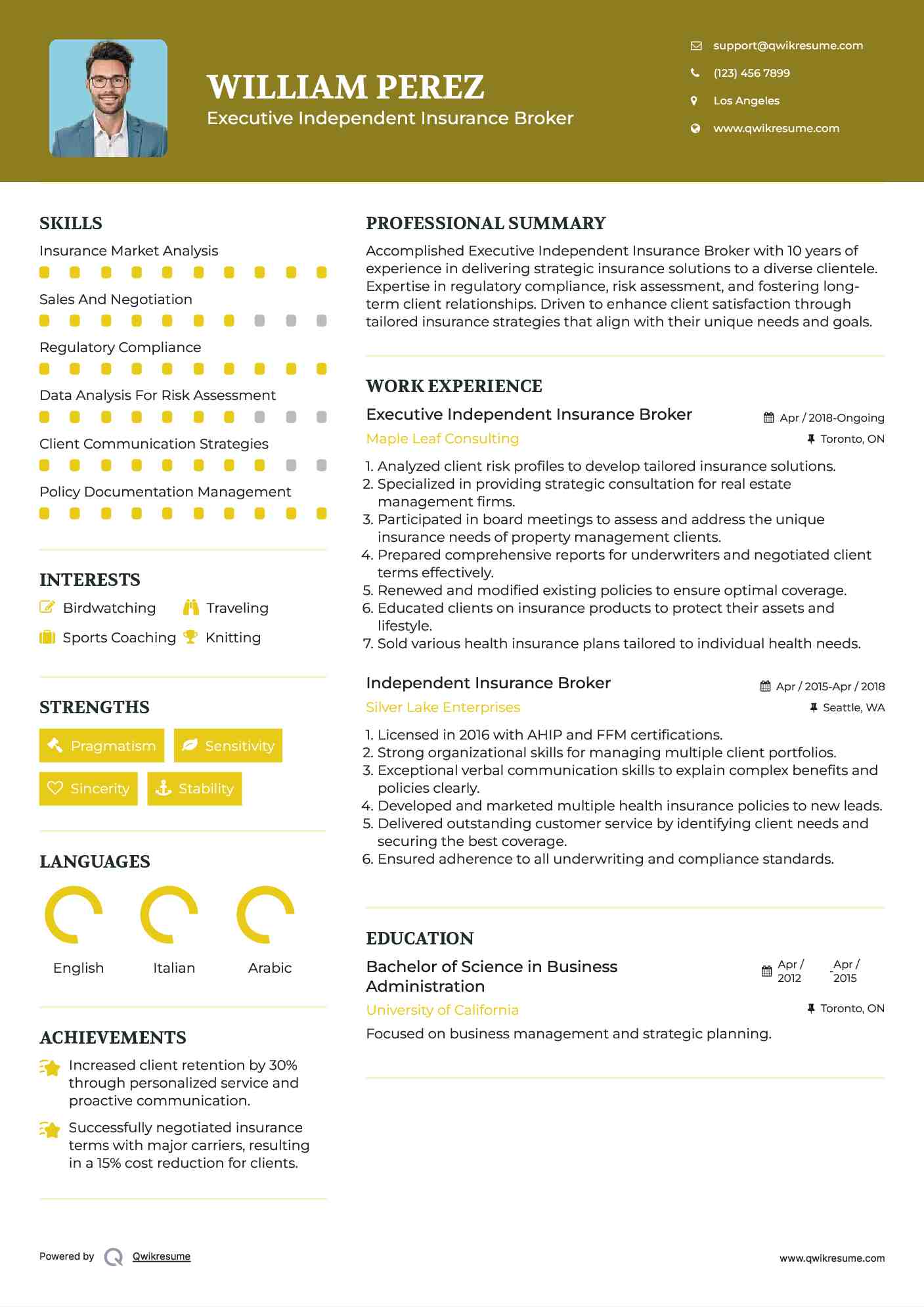 Executive Independent Insurance Broker Resume Template