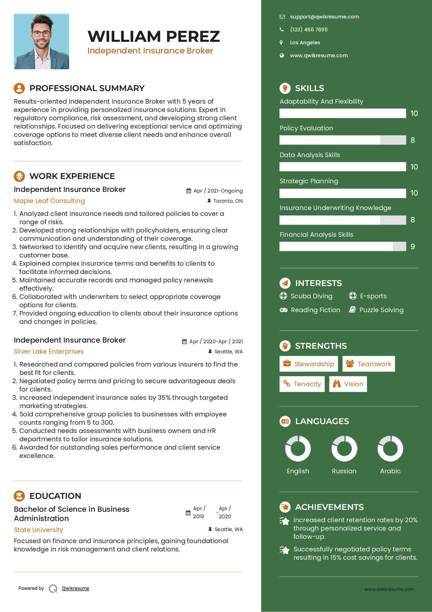 Independent Insurance Broker Resume Example