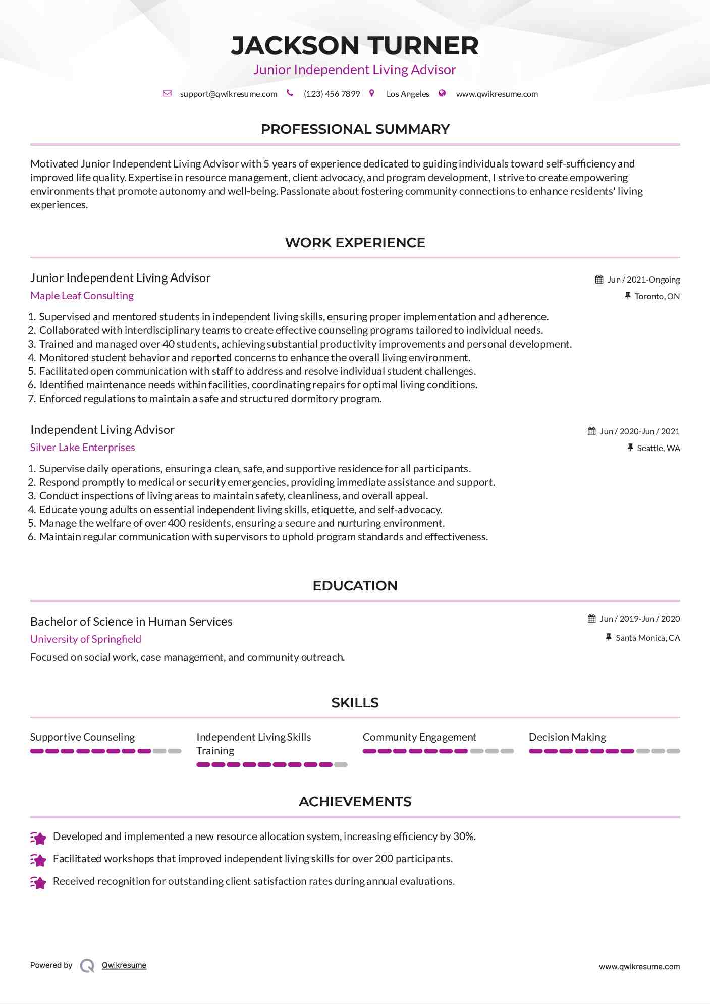 Junior Independent Living Advisor Resume Template