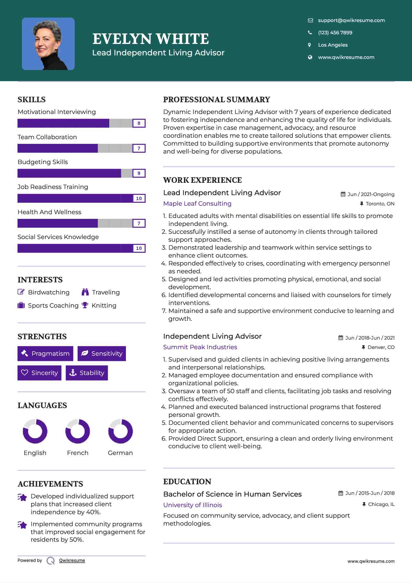 Lead Independent Living Advisor Resume Model