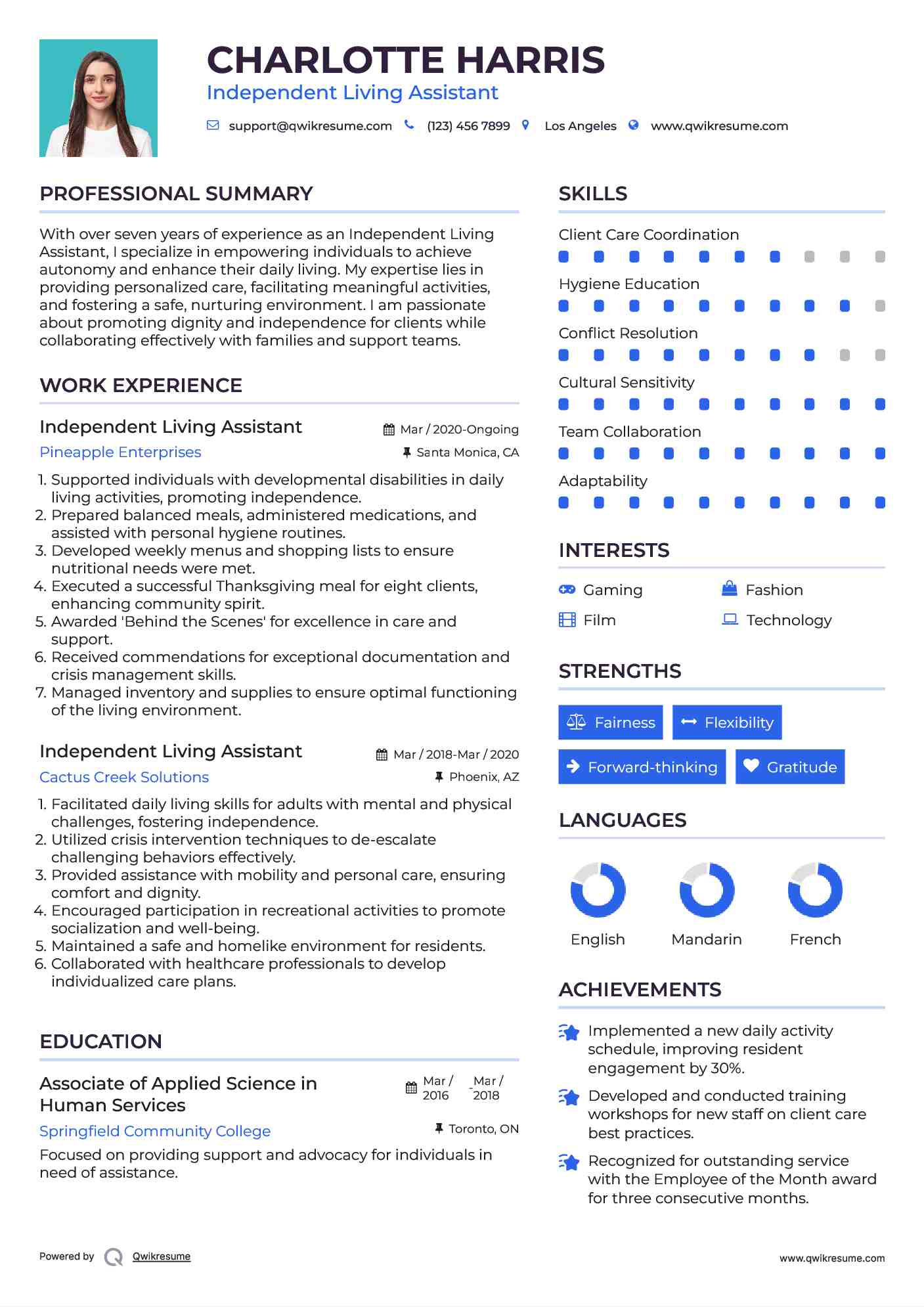 Independent Living Assistant Resume Sample