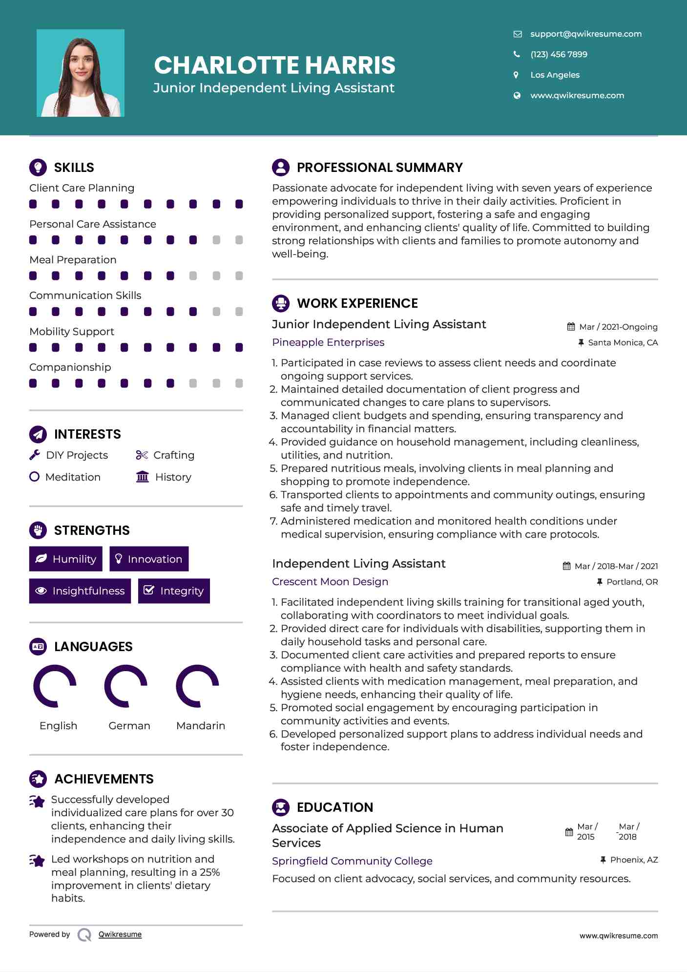 Junior Independent Living Assistant Resume Model