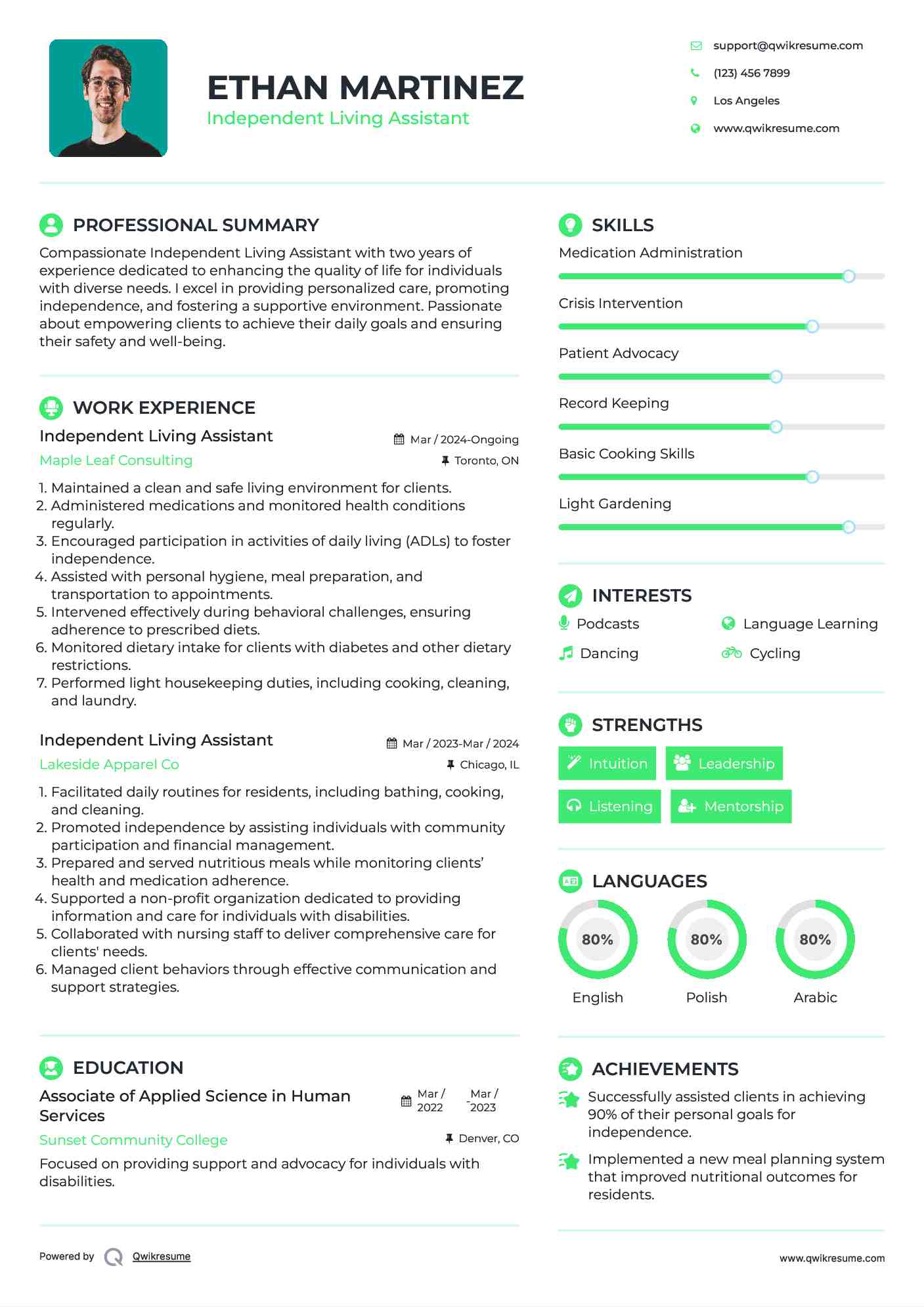 Independent Living Assistant Resume Sample