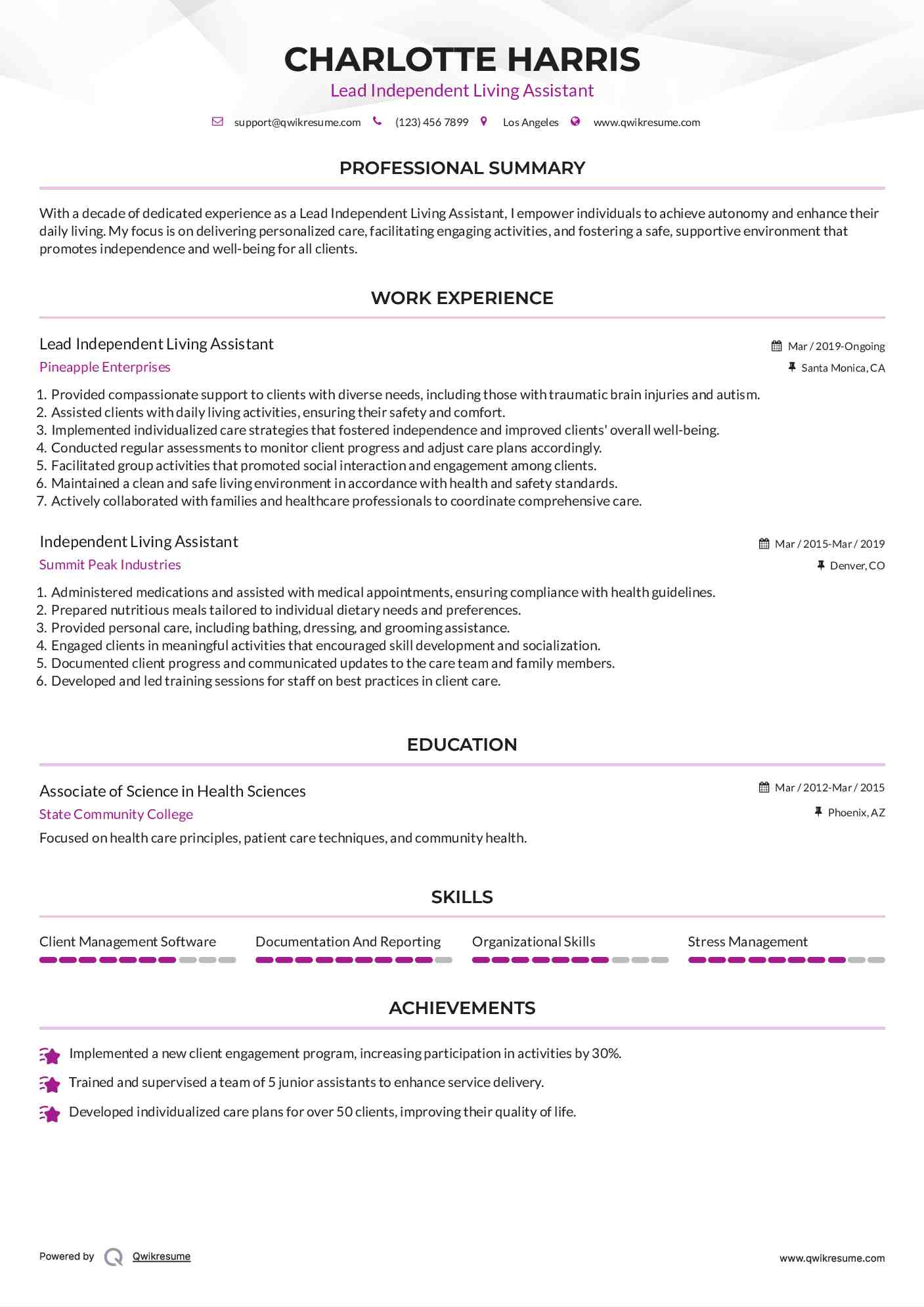 Lead Independent Living Assistant Resume Template