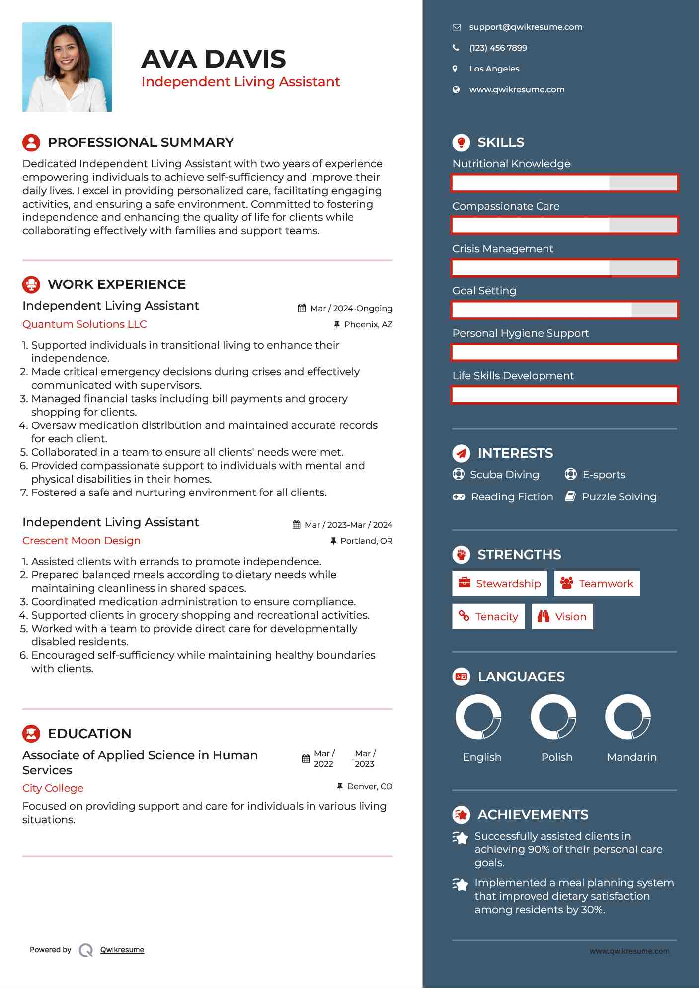Independent Living Assistant Resume Sample