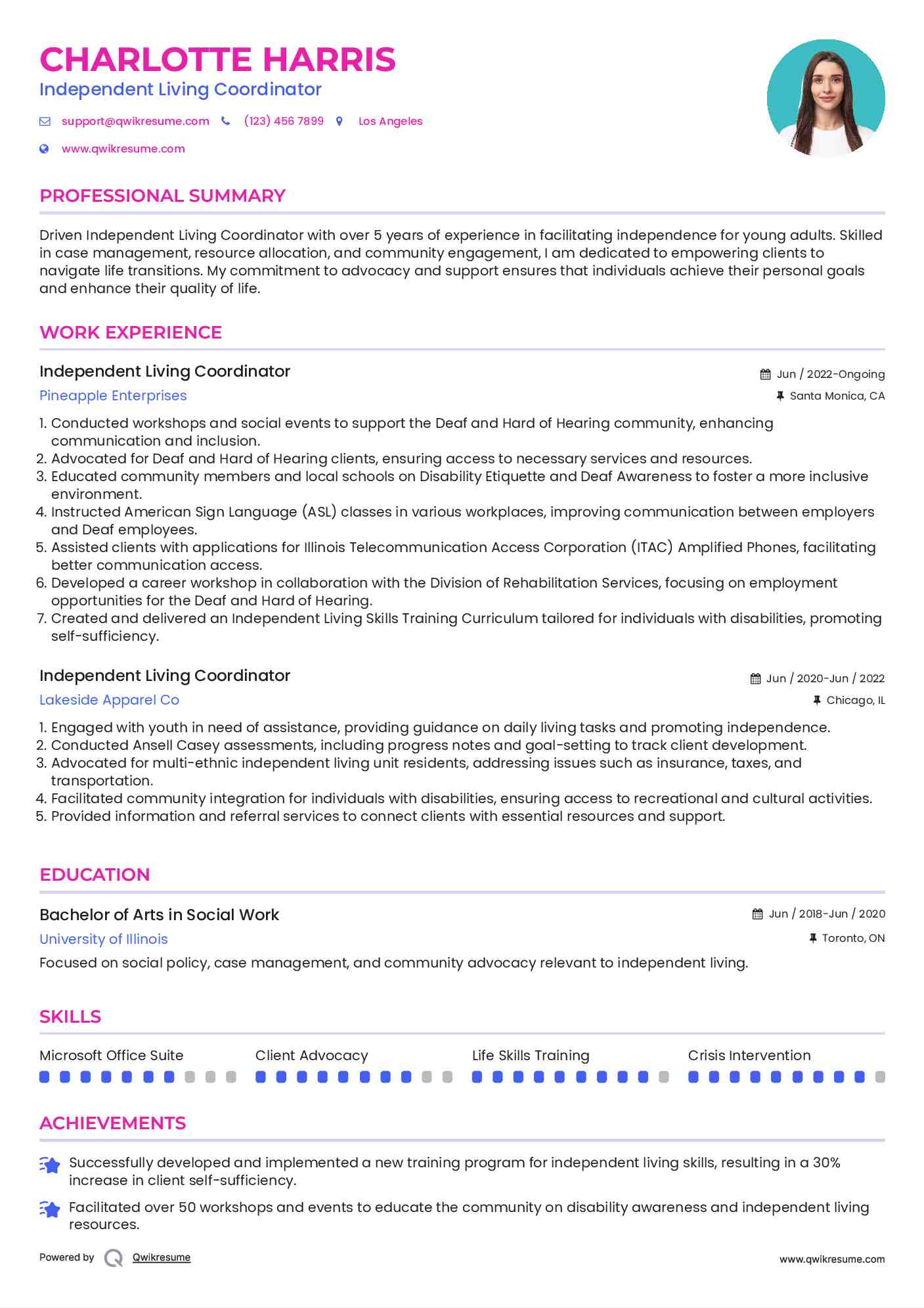 Independent Living Coordinator Resume Model
