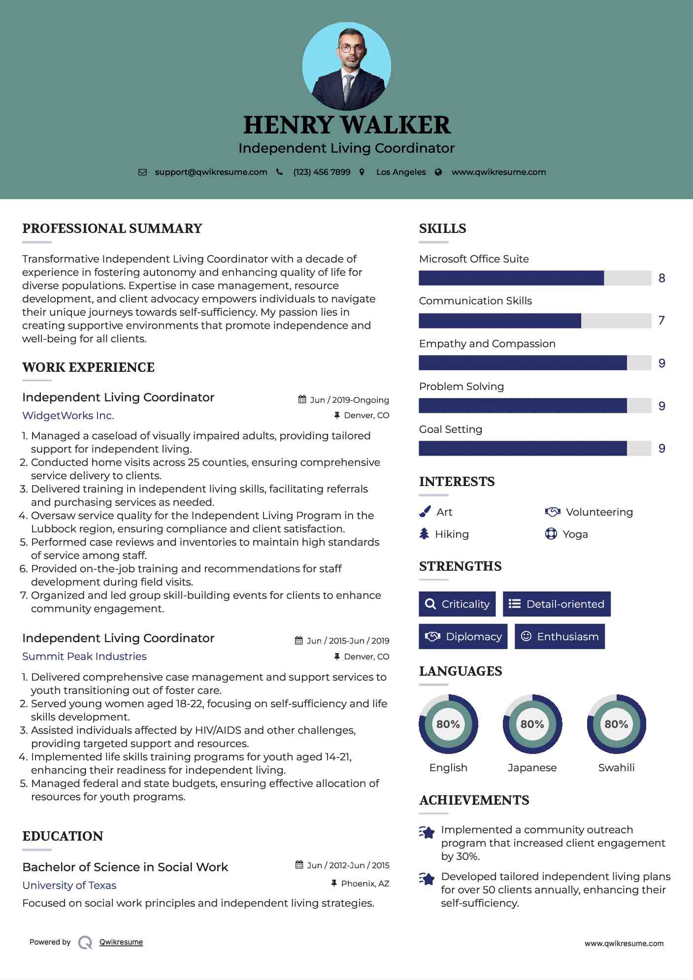 Independent Living Coordinator Resume Sample