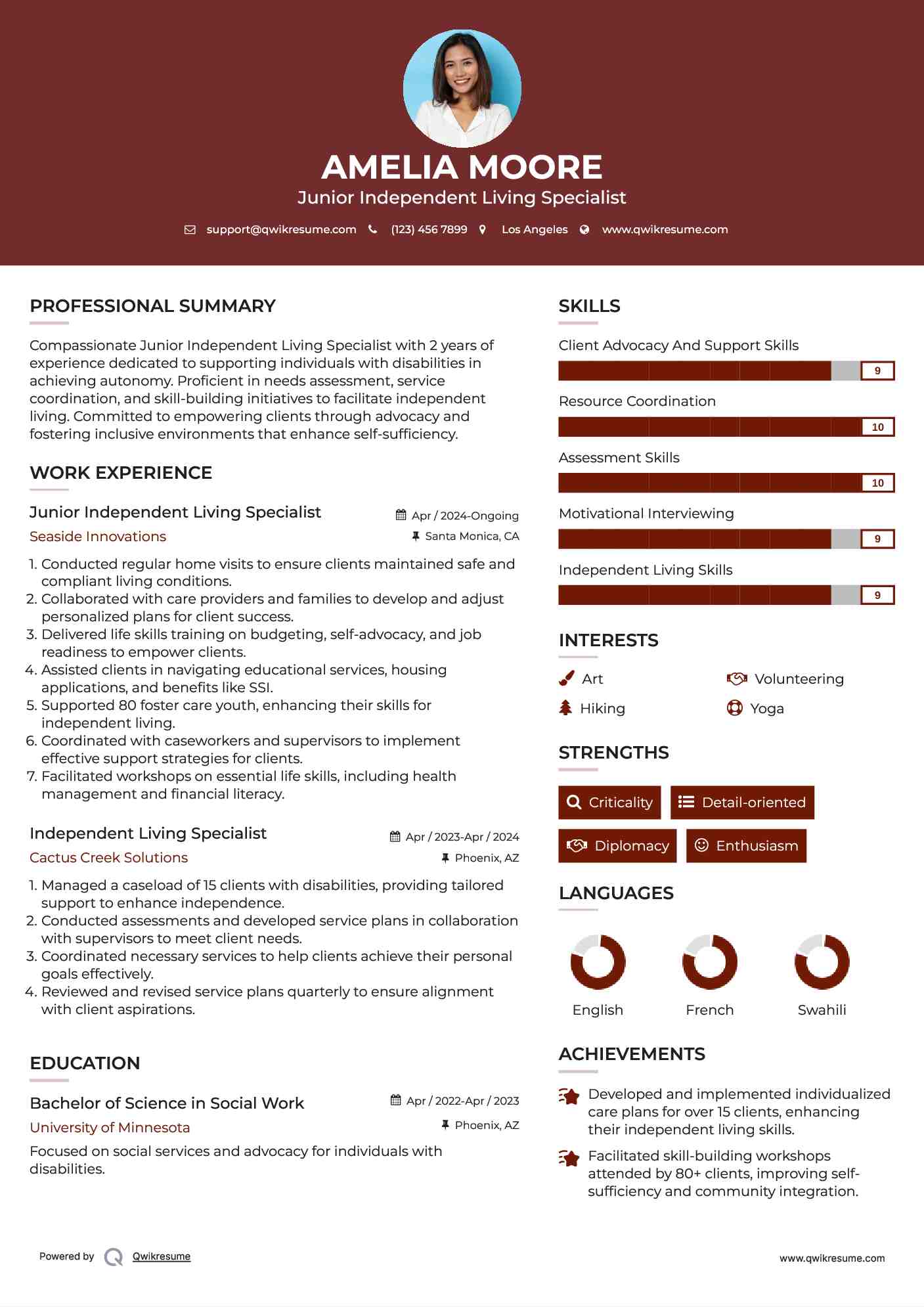 Junior Independent Living Specialist Resume Format
