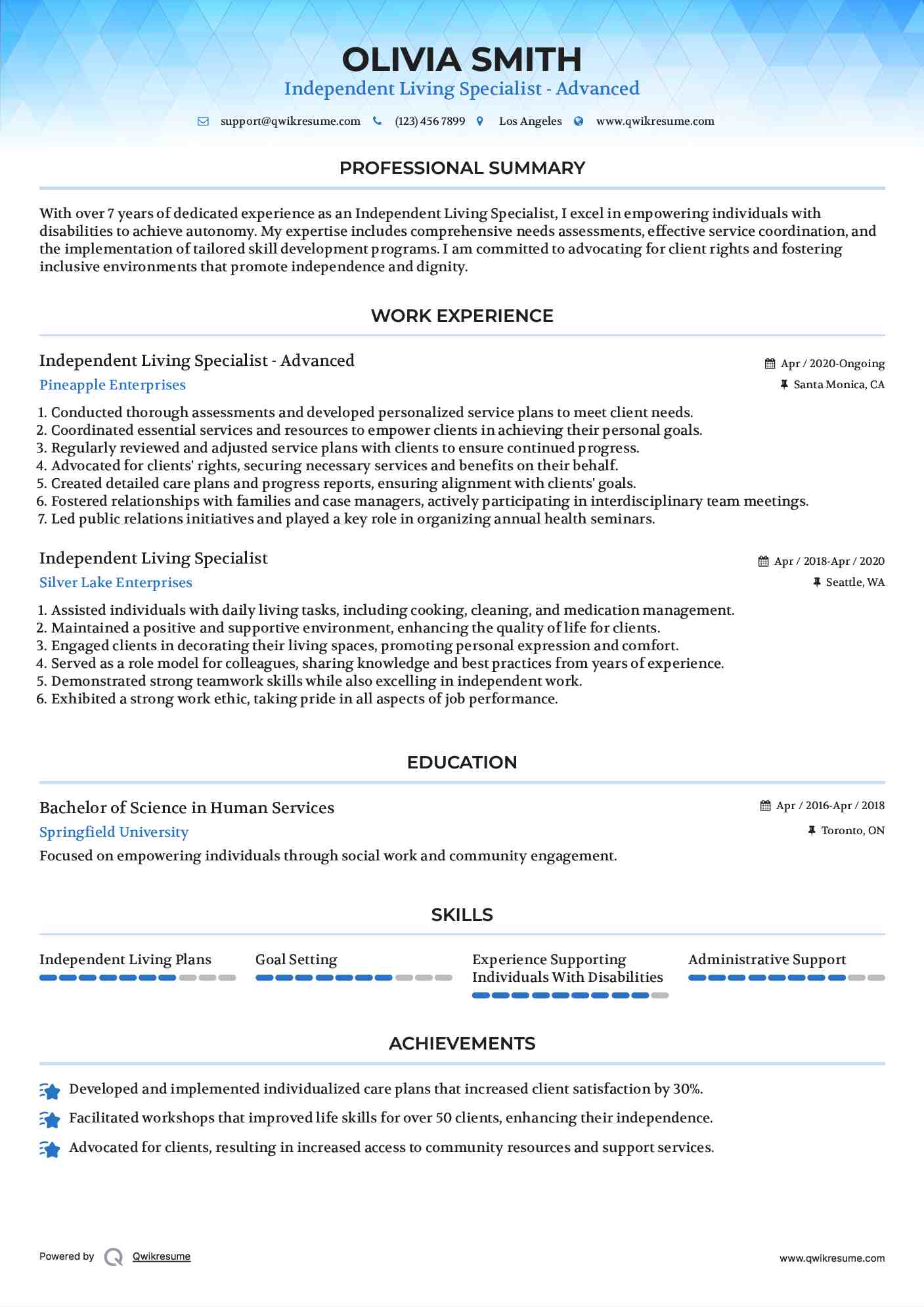 Independent Living Specialist - Advanced Resume Format