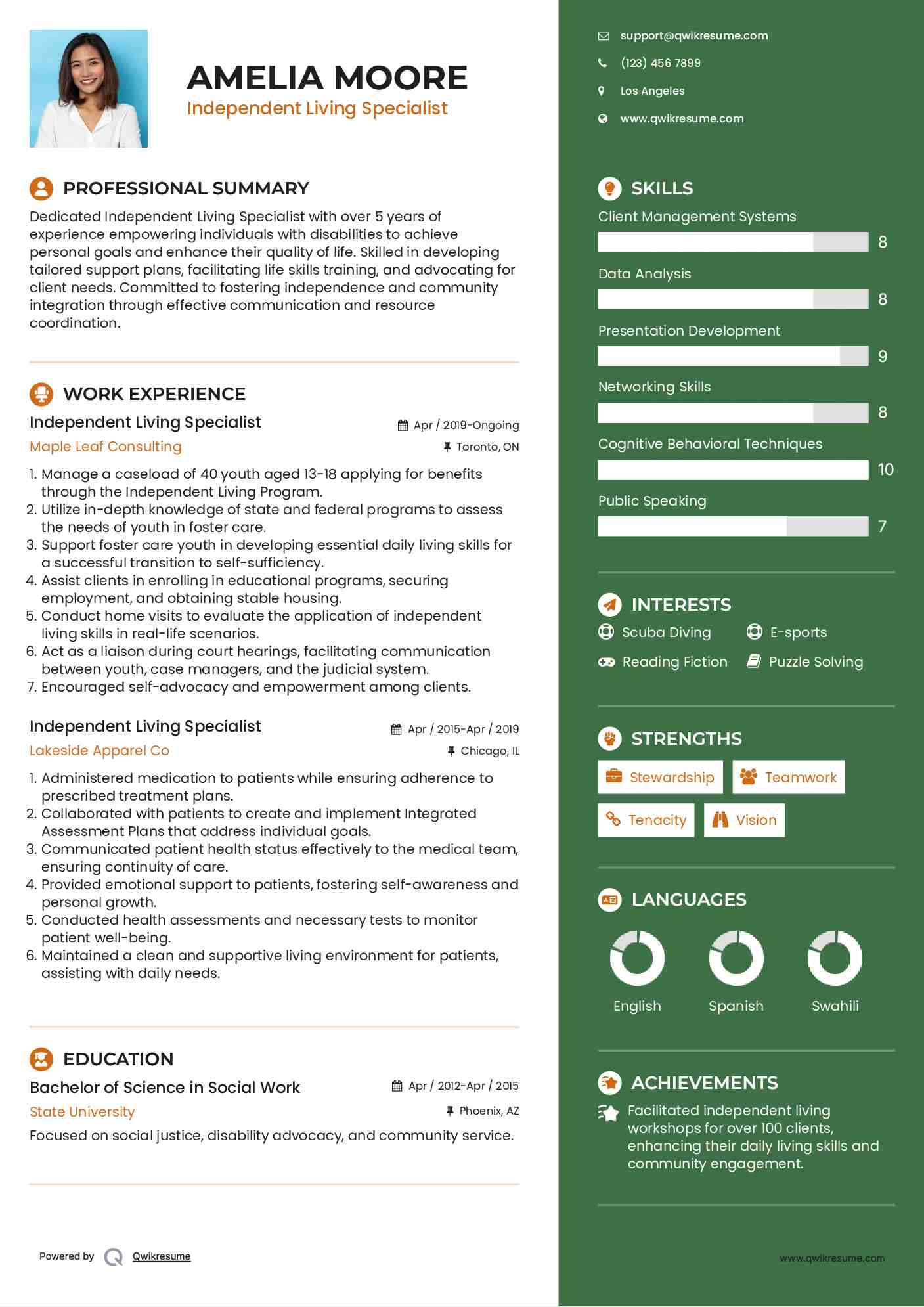 Independent Living Specialist Resume Sample