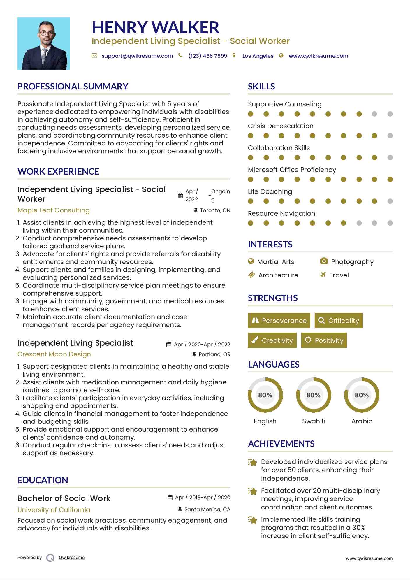 Independent Living Specialist - Social Worker Resume Model