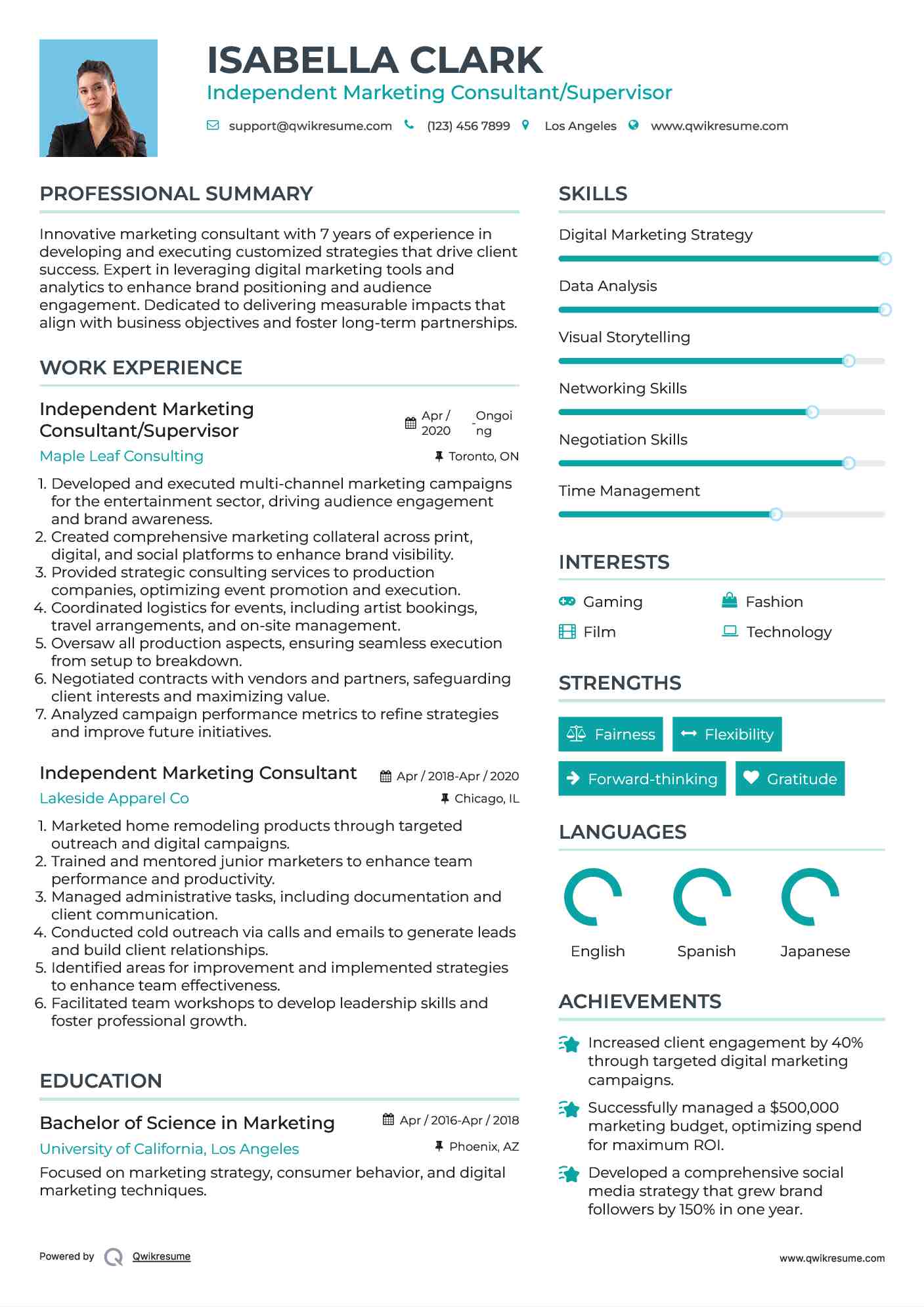 Independent Marketing Consultant/Supervisor Resume Template