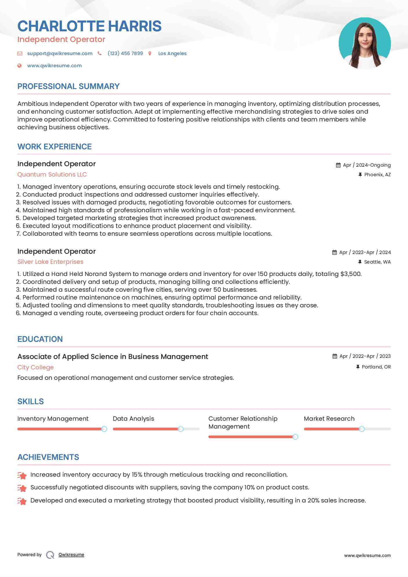 Independent Operator Resume Sample