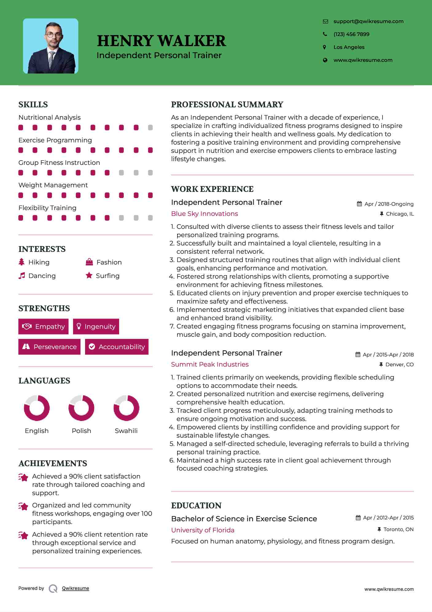 Independent Personal Trainer Resume Format