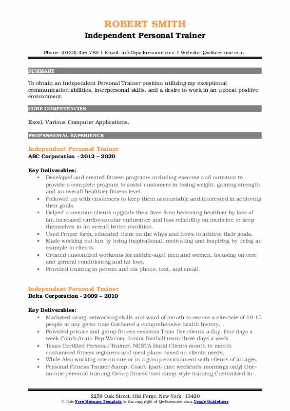 Independent Personal Trainer Resume - Independent Personal Trainer 1628254635 Pdf 