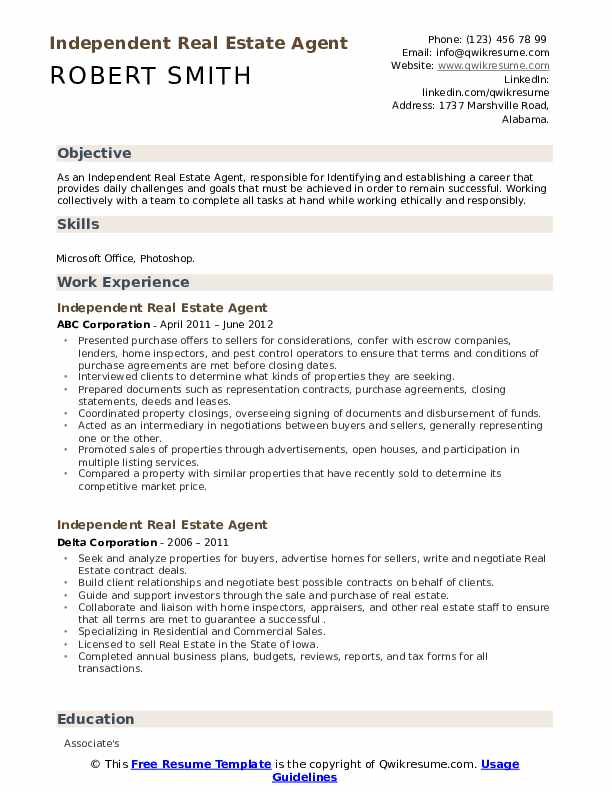 Independent Real Estate Agent Resume Samples QwikResume