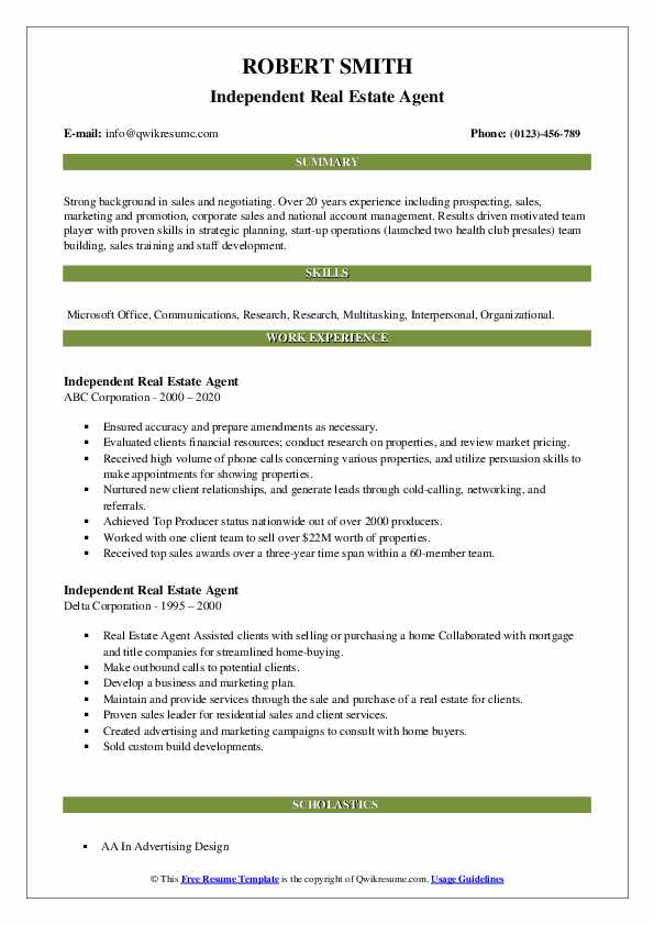 Independent Real Estate Agent Resume Samples QwikResume