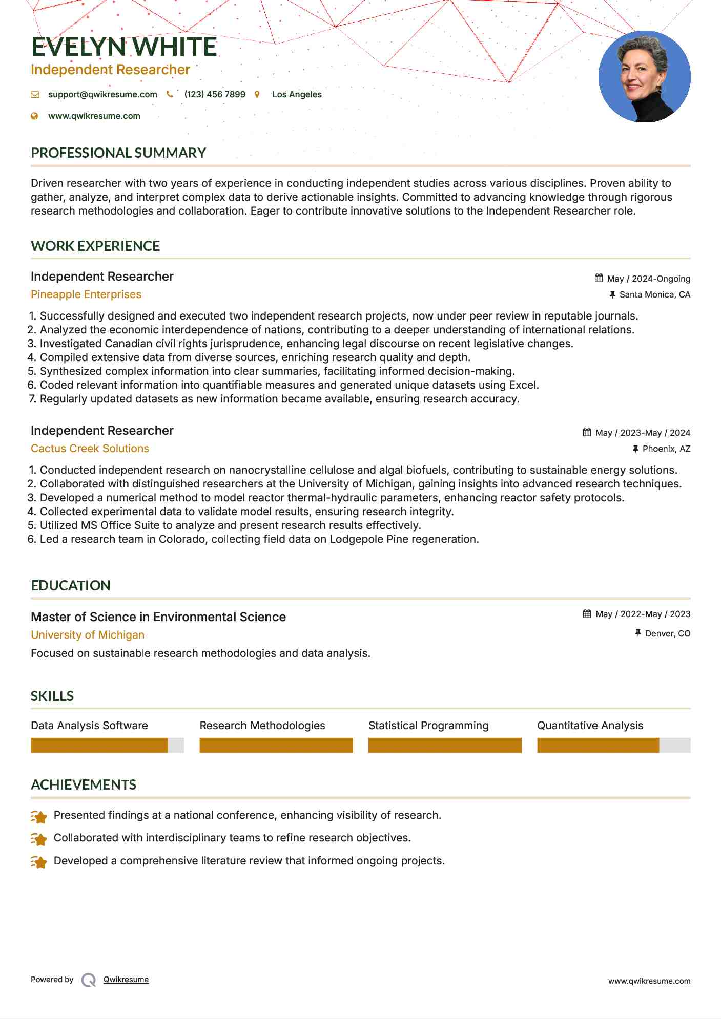Independent Researcher Resume Sample