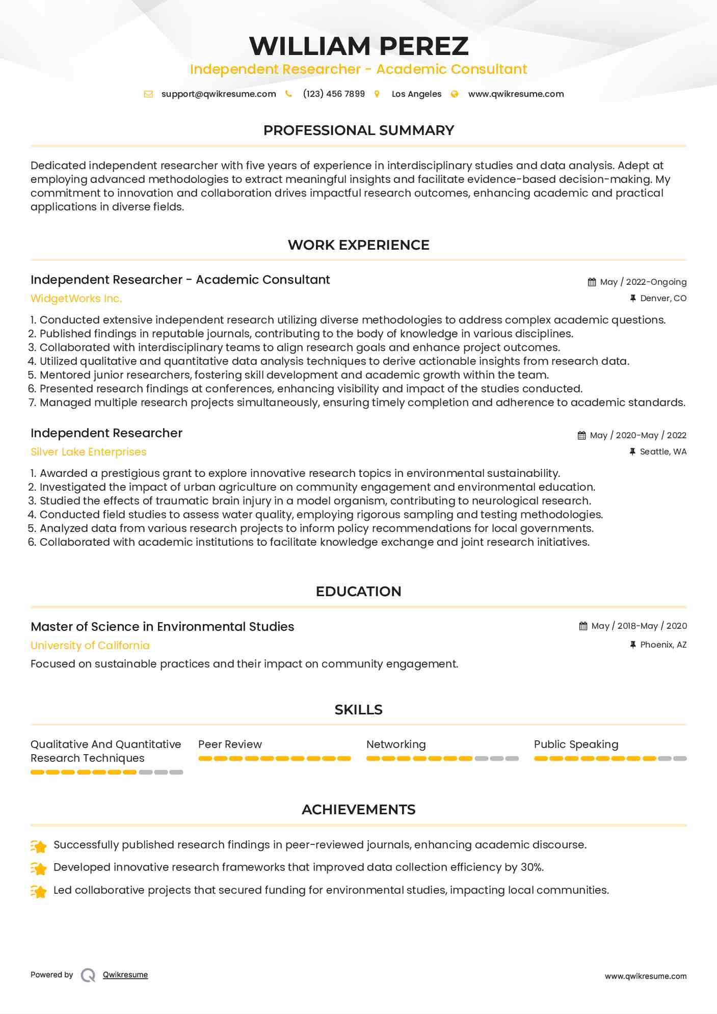 Independent Researcher - Academic Consultant Resume Model