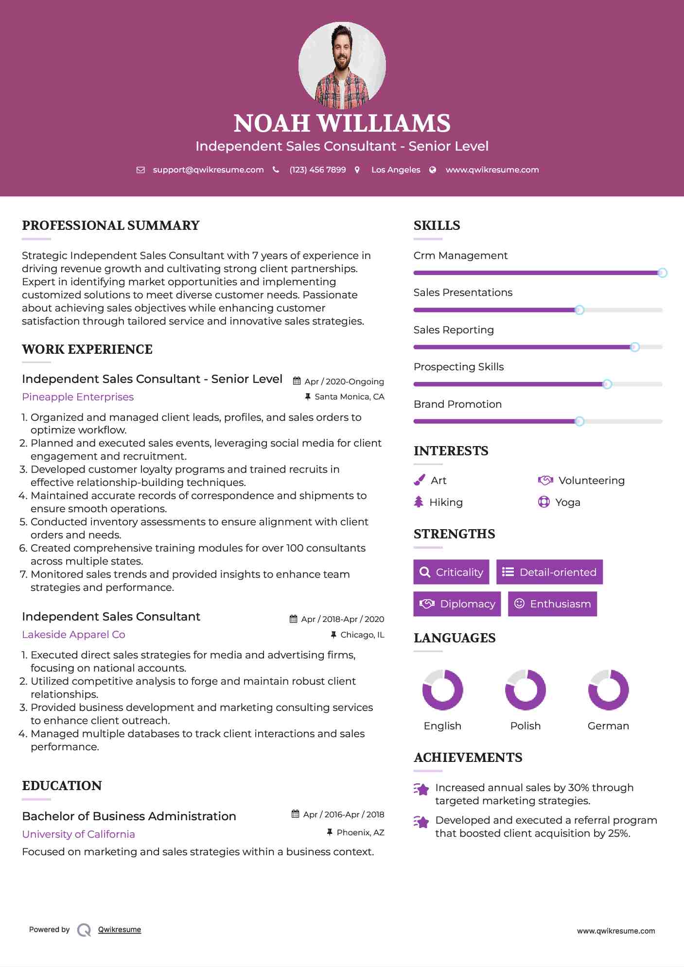 Independent Sales Consultant - Senior Level Resume Format