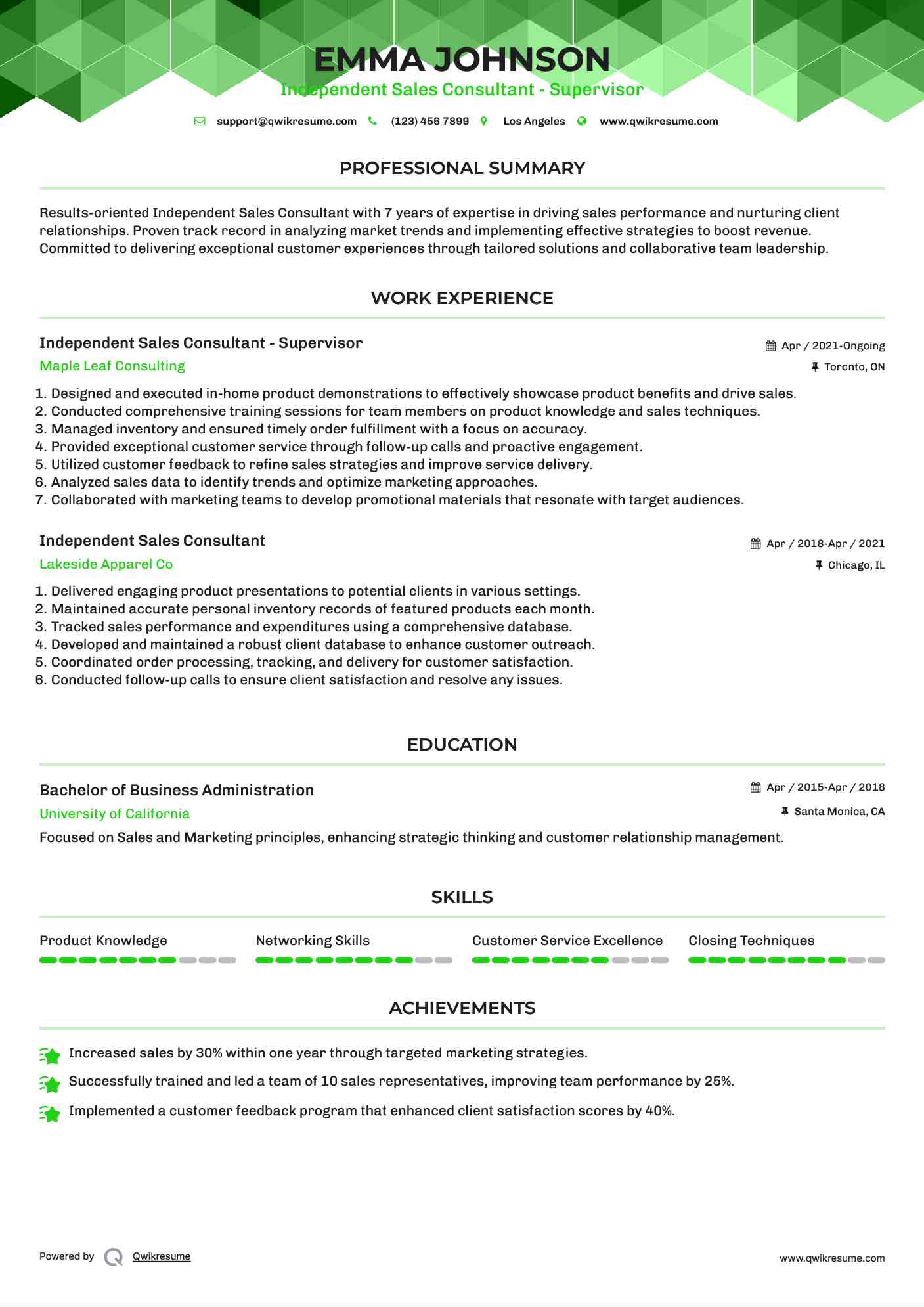 Independent Sales Consultant - Supervisor Resume Model