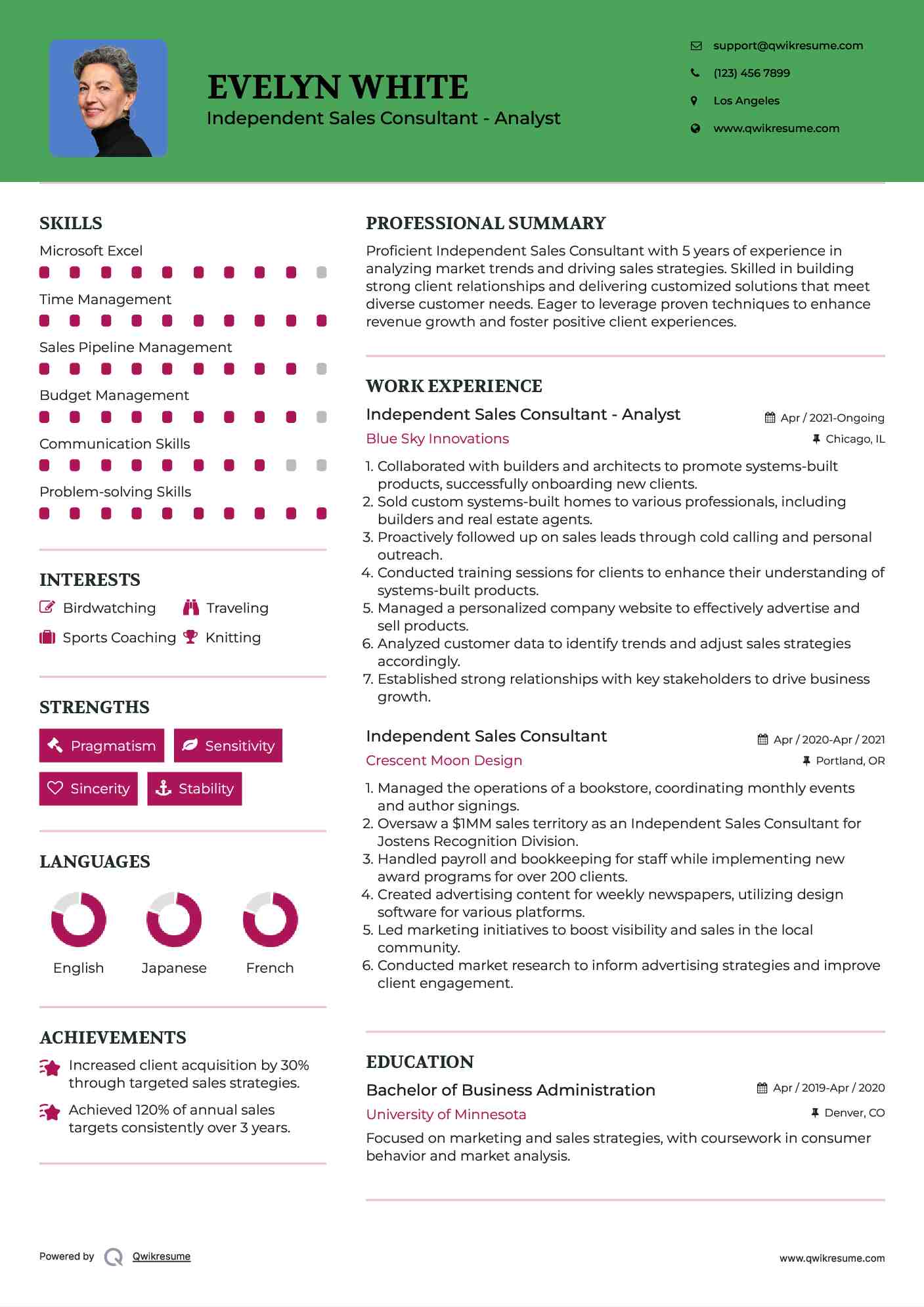 Independent Sales Consultant - Analyst Resume Example