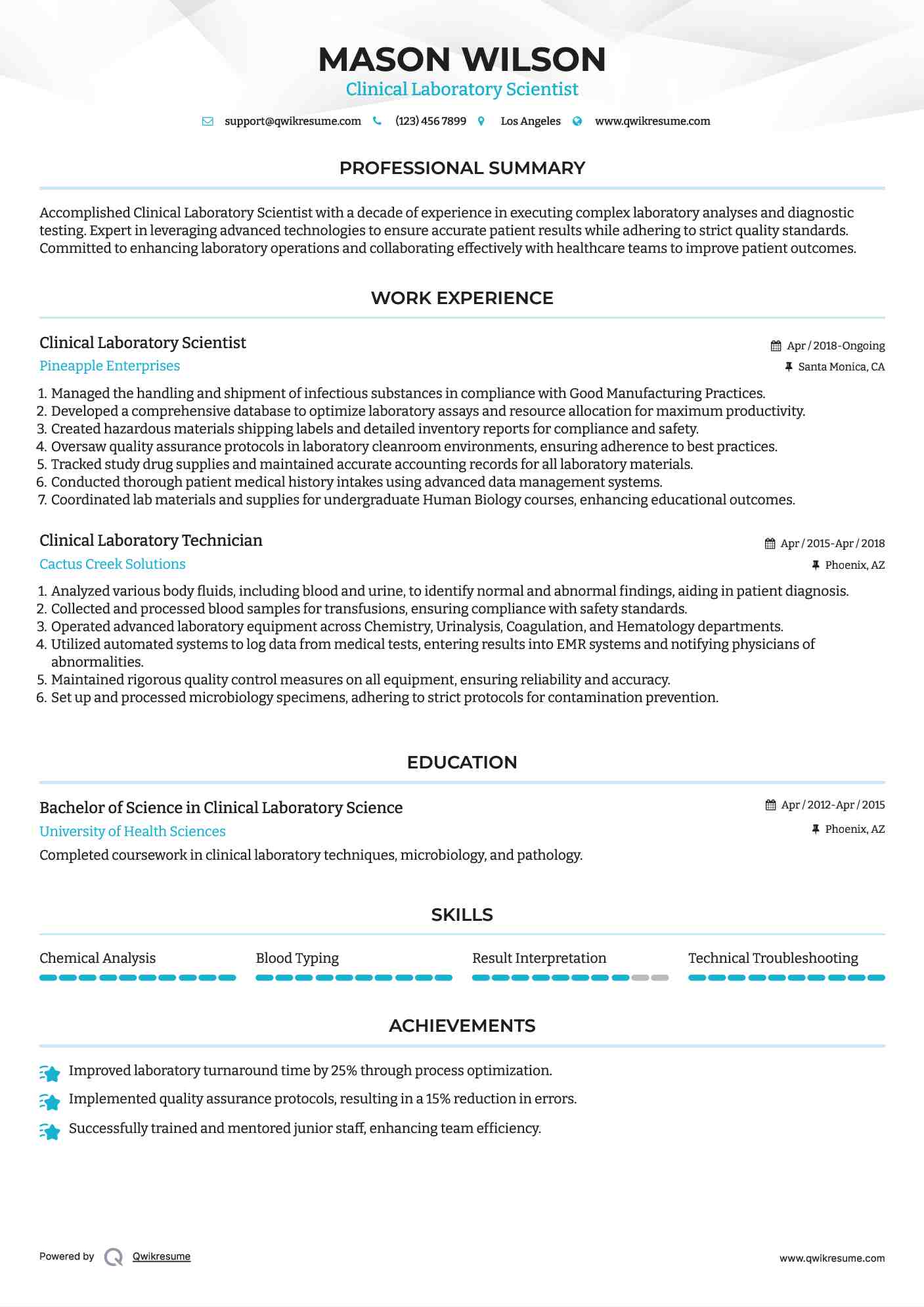 Clinical Laboratory Scientist Resume Format